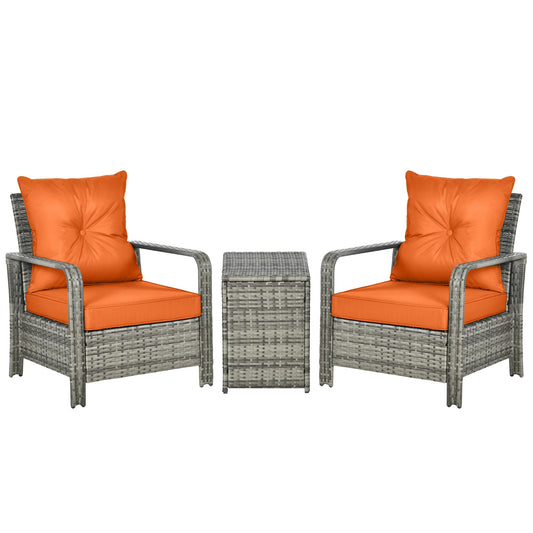 3 Pieces Rattan Bistro Set, Wicker Garden Furniture Set with Storage 
 Coffee Table and Chairs, Thickened Cushions for Outdoor, Patio, Balcony, Orange