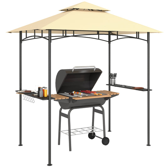 2.4 x 1.5 m (8' x 5') Grill Gazebo Canopy with LED Lights, Double Tiered Outdoor BBQ Gazebo Shelter with 2 Side Shelves, Storage Basket and Hooks for Garden, Barbecue, Picnic, Beige