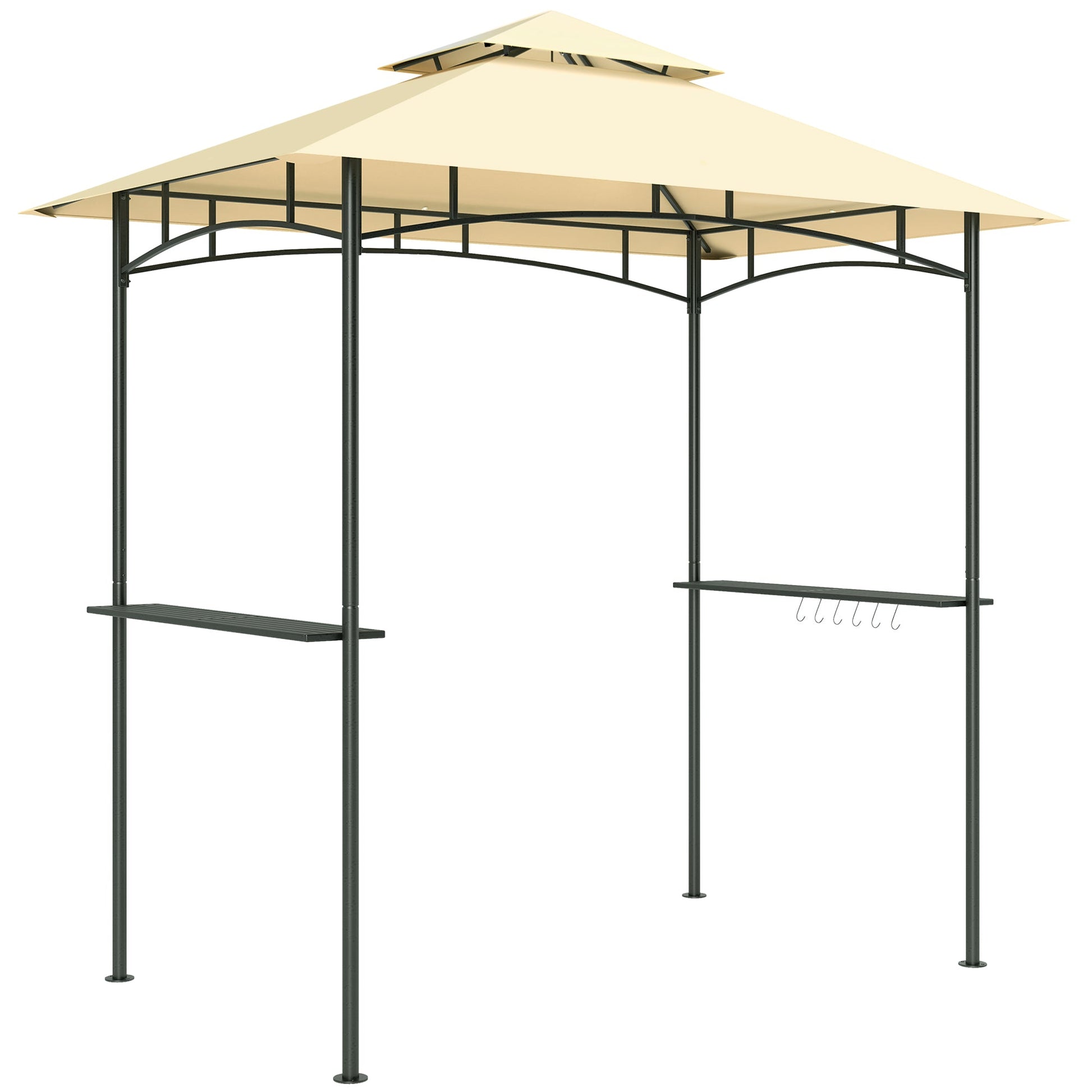 2.4 x 1.5 m (8' x 5') Grill Gazebo Canopy with LED Lights, Double Tiered Outdoor BBQ Gazebo Shelter with 2 Side Shelves, Storage Basket and Hooks for Garden, Barbecue, Picnic, Beige
