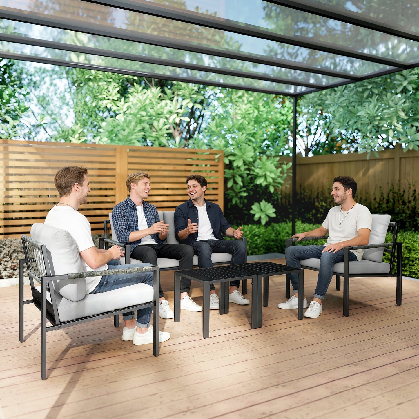 4 Seater Garden Furniture Set, 5 Piece Metal Garden Sofa Set with Thickened Cushions, Outdoor Patio Conversation Furniture with Loveseat, 2 Armchairs, 2 Coffee Tables for Balcony, Light Grey