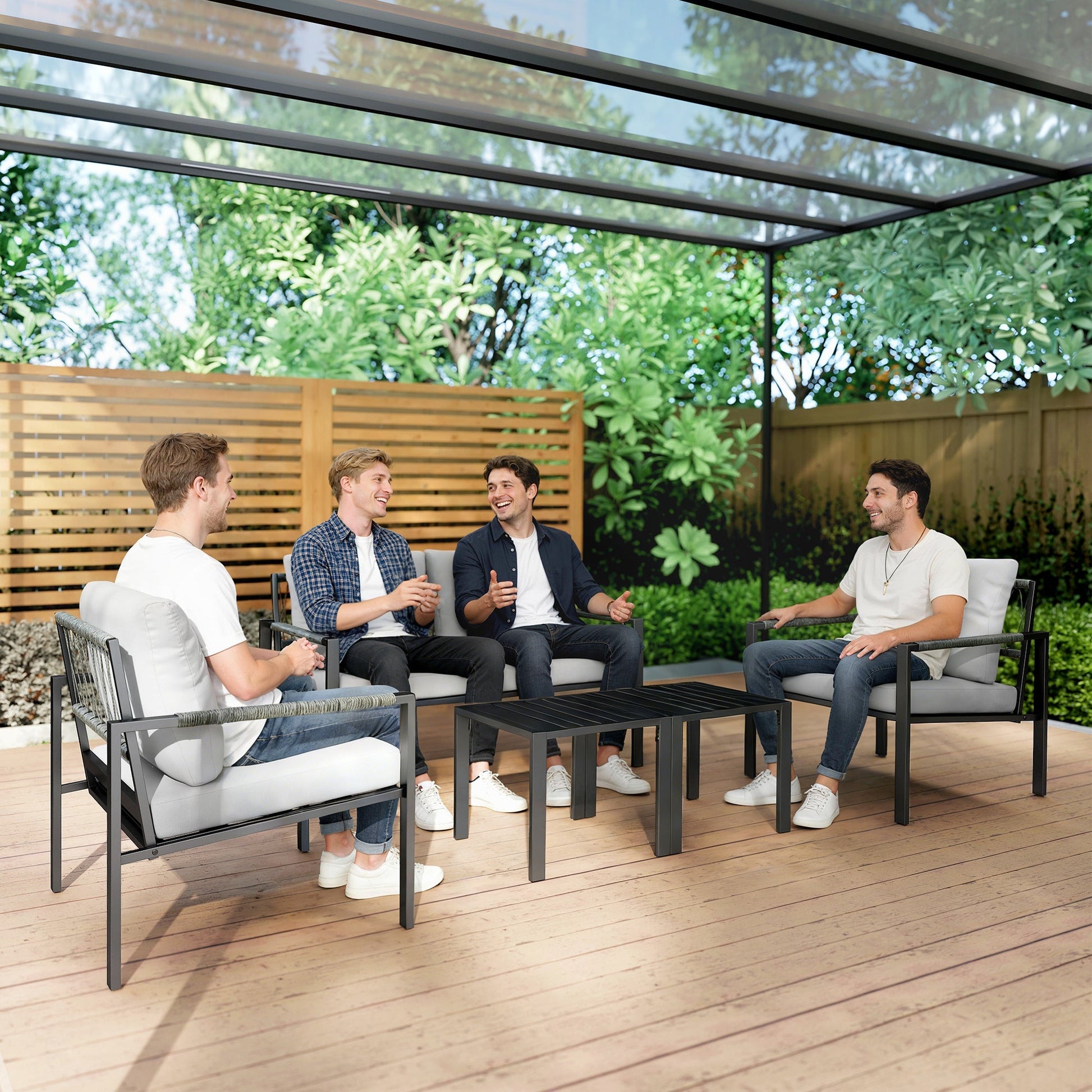 4 Seater Garden Furniture Set, 5 Piece Metal Garden Sofa Set with Thickened Cushions, Outdoor Patio Conversation Furniture with Loveseat, 2 Armchairs, 2 Coffee Tables for Balcony, Light Grey