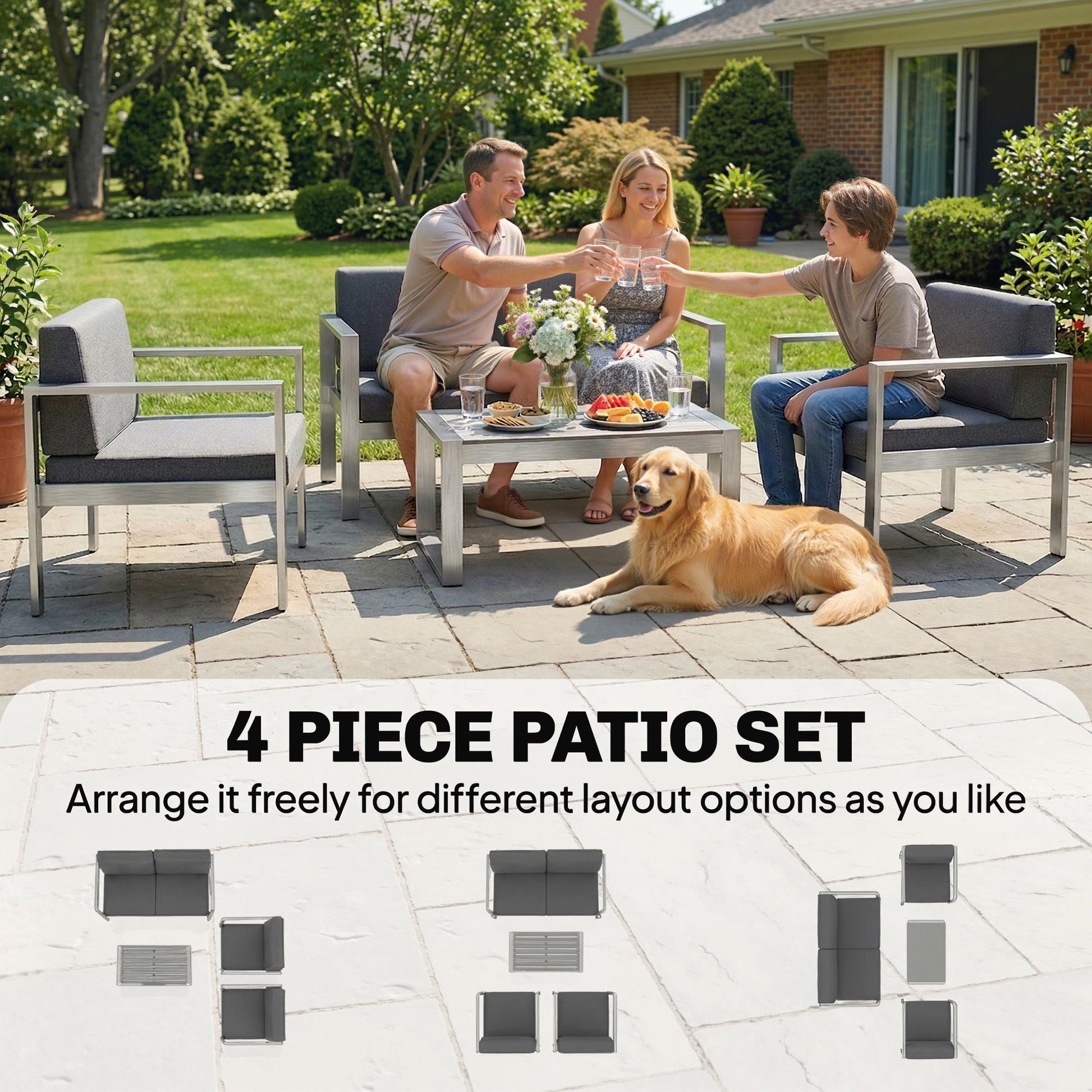 4 Seater Aluminium Garden Furniture Set, Olefin Cushions, Extra Wide Deep Garden Sofa Set with Loveseat, 2 Chairs, Faux Wood Table, Brushed Outdoor Furniture Conversation Sets, Dark Grey