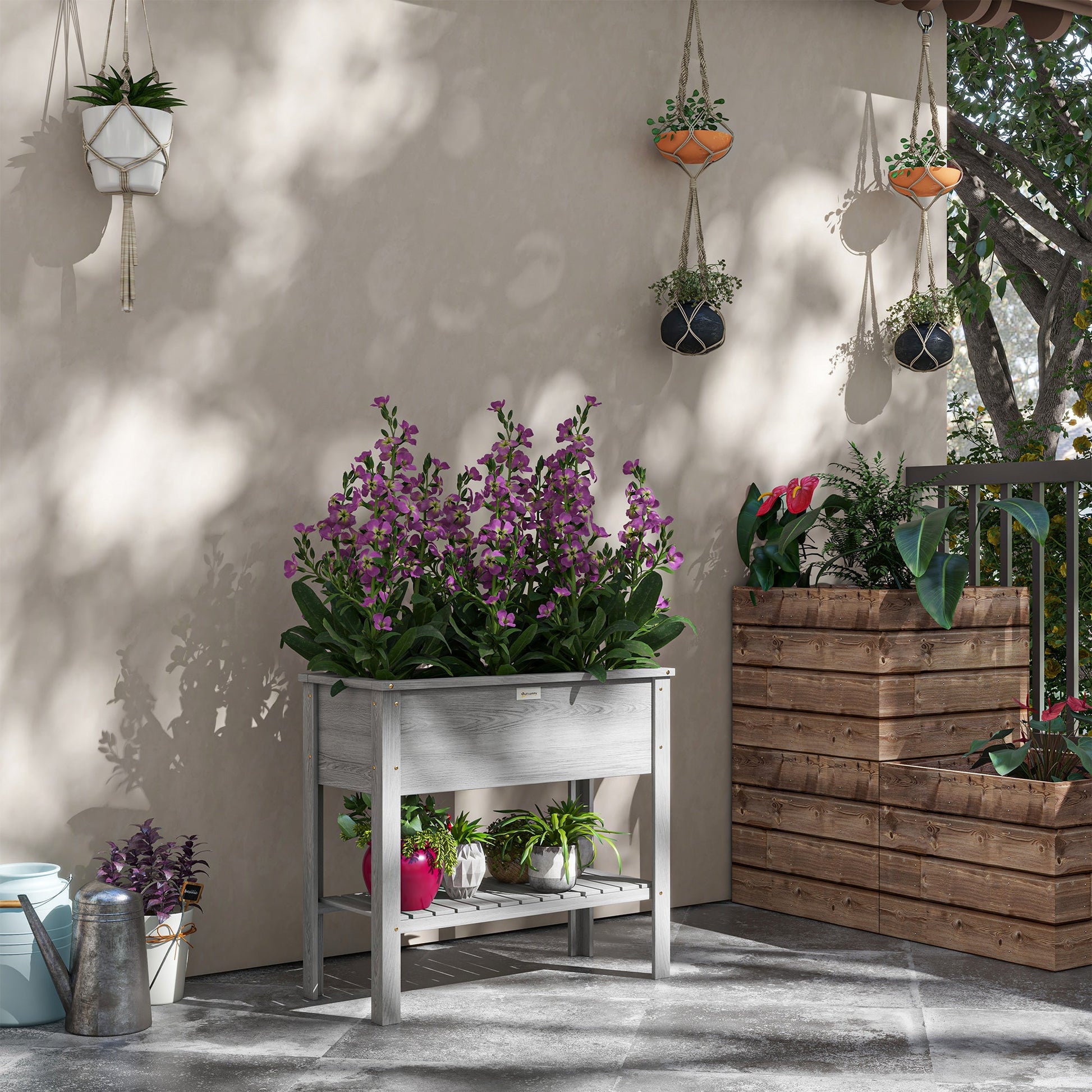 Wooden Raised Garden Bed, Elevated Planter Box with Storage Shelf and Drainage Holes, Raised Planter with Legs for Flowers, Vegetables, Herbs, Grey