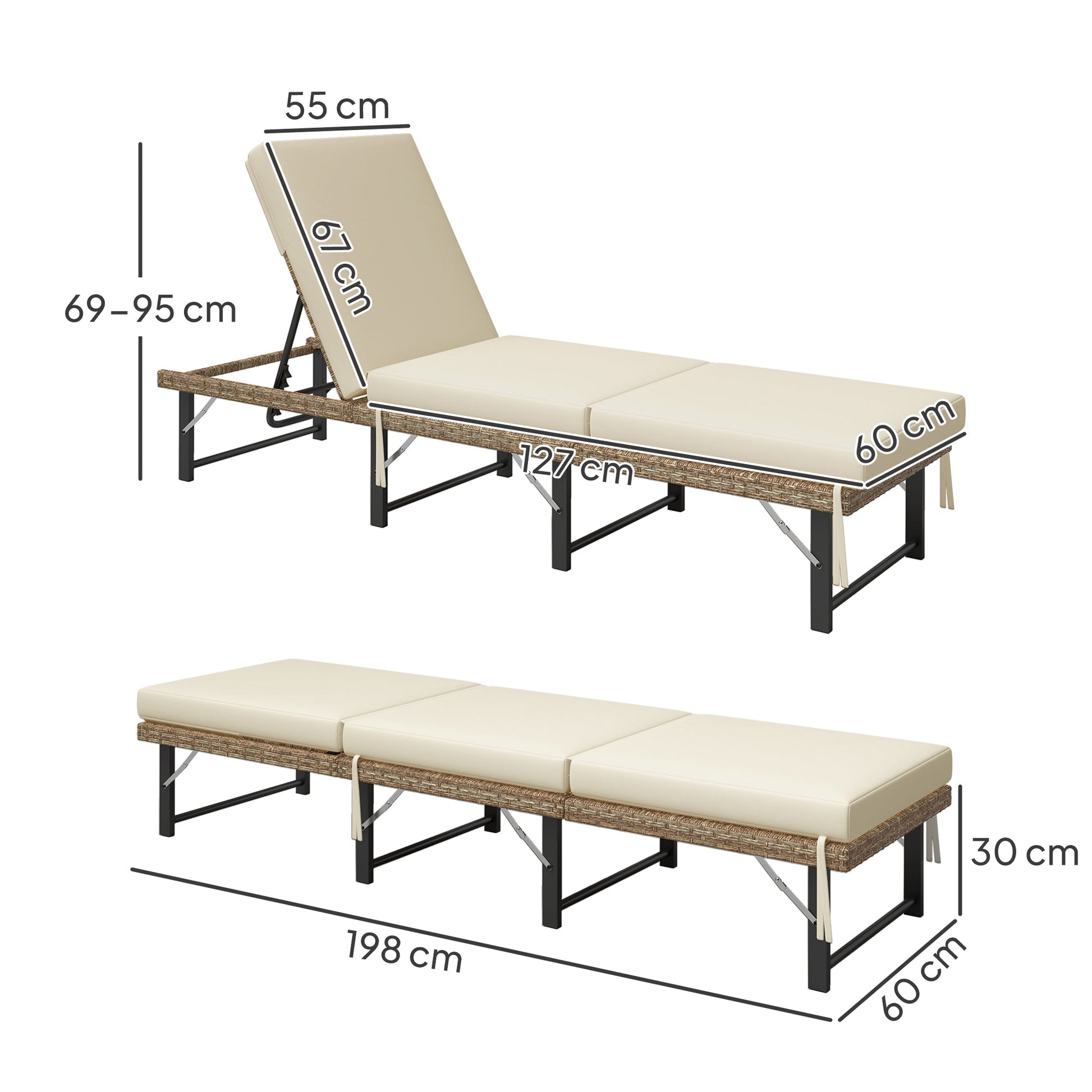 Folding Rattan Sun Lounger, 6-Level Adjustable Garden Lounger Recliner with Cushion, Outdoor Reclining Sunbed, Garden Chair with Steel Frame for Patio, Beach, Terrace, Natural