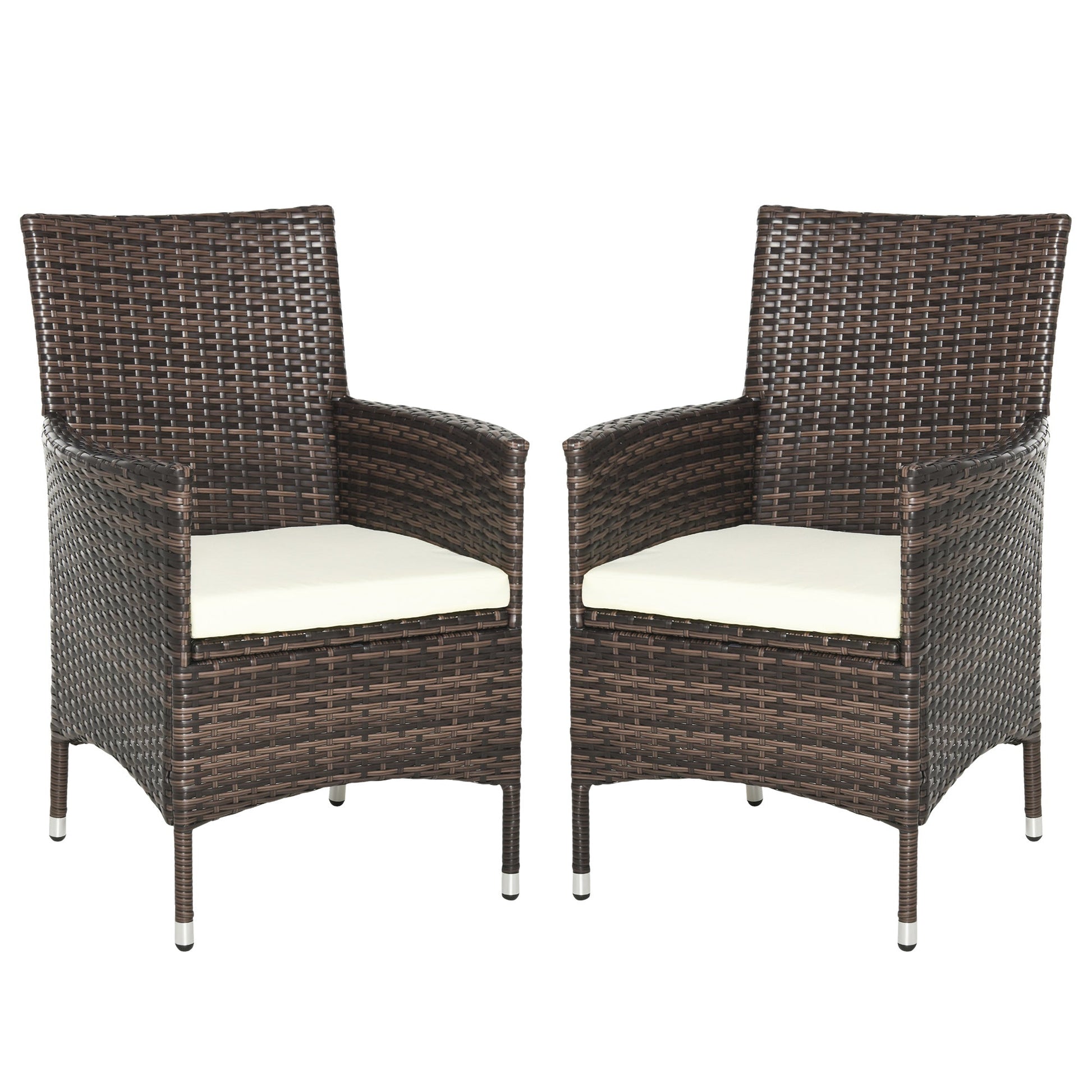 2 Pieces Outdoor PE Rattan Dining Chairs Set with Cushion, Garden Armchair with Armrests, High Backrest, Metal Frame Patio Wicker Furniture, Mixed Brown