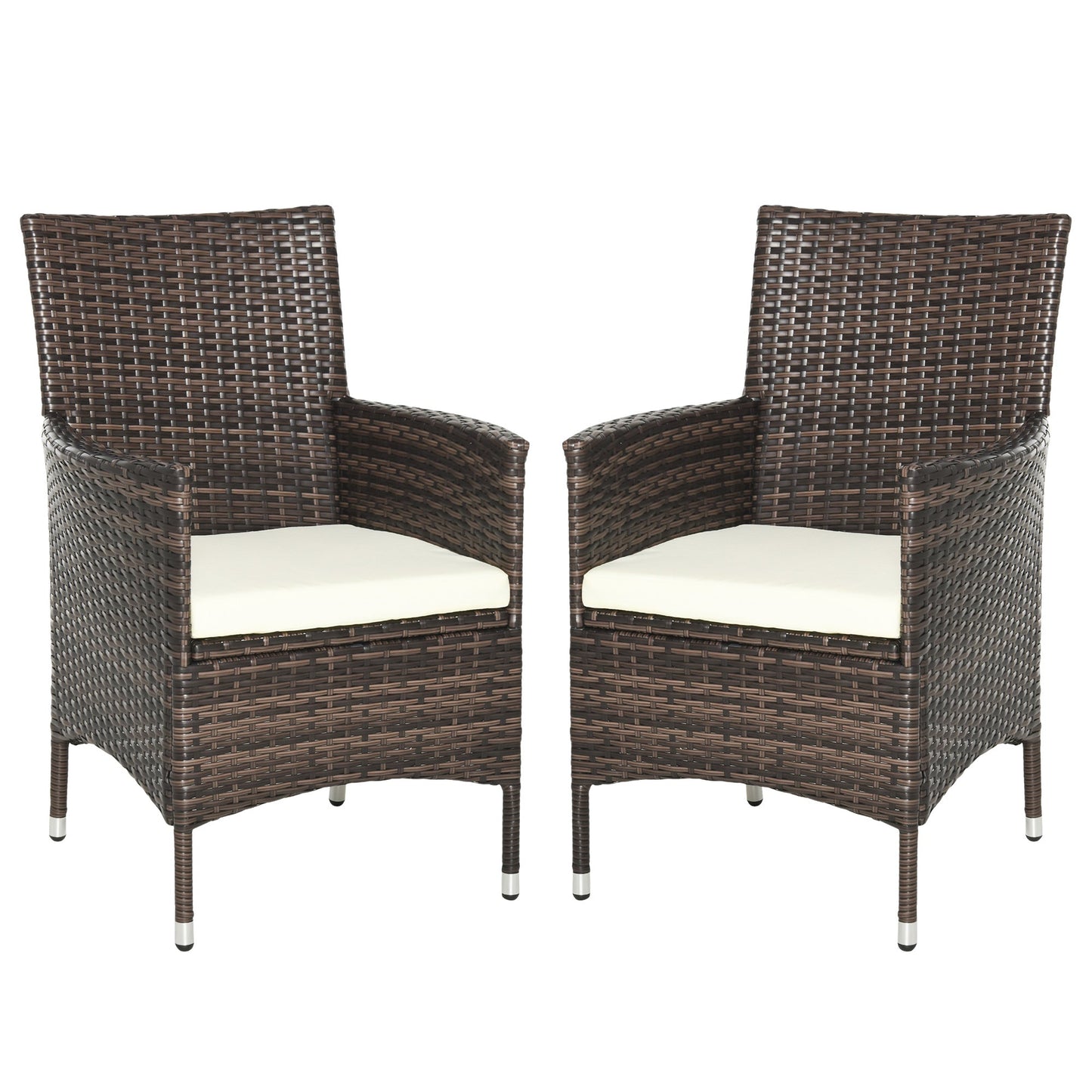 2 Pieces Outdoor PE Rattan Dining Chairs Set with Cushion, Garden Armchair with Armrests, High Backrest, Metal Frame Patio Wicker Furniture, Mixed Brown