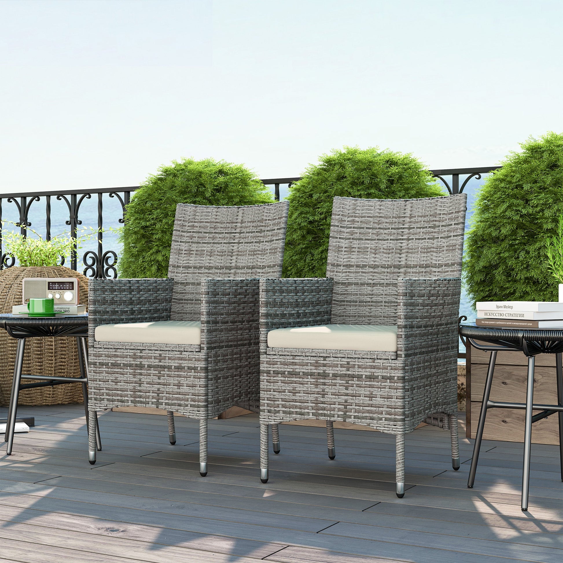 2 Pieces Outdoor PE Rattan Dining Chairs Set with Cushion, Garden Armchair with Armrests, High Backrest, Metal Frame Patio Wicker Furniture, Mixed Grey