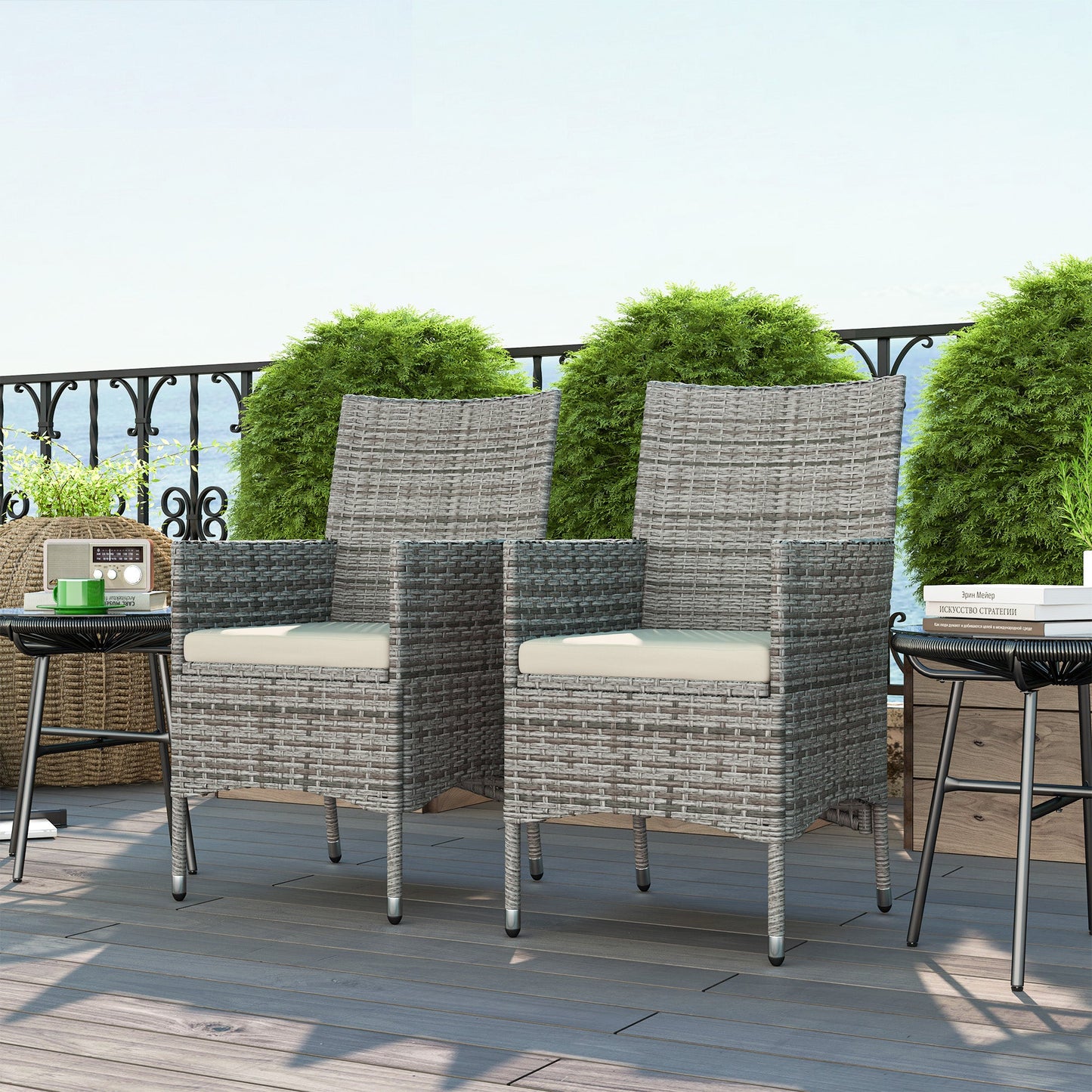 2 Pieces Outdoor PE Rattan Dining Chairs Set with Cushion, Garden Armchair with Armrests, High Backrest, Metal Frame Patio Wicker Furniture, Mixed Grey