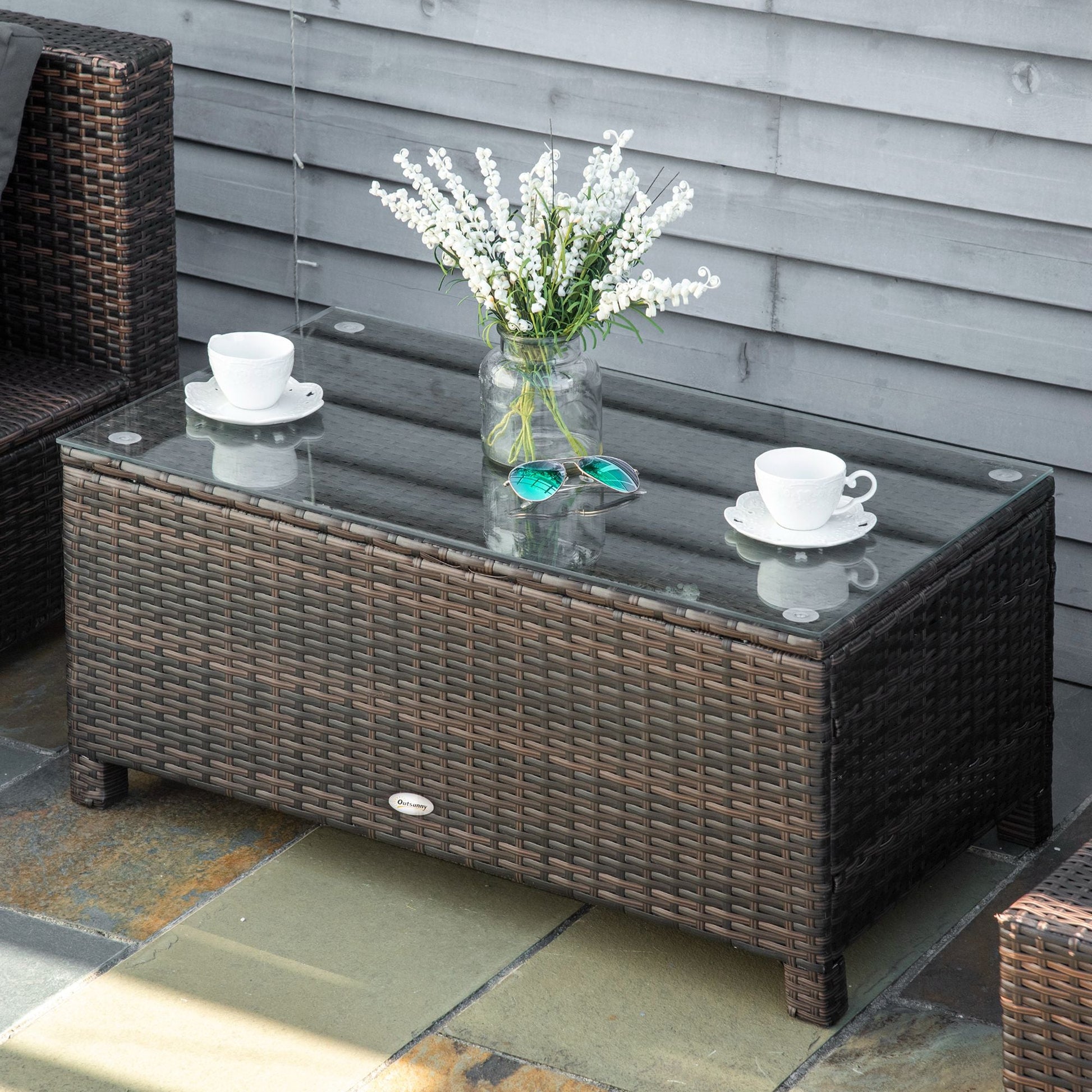 PE Rattan Coffee Table, Rectangular Outdoor Coffee Table with Tempered Glass Top, 70 KG Capacity for Garden, Balcony, Terrace, Patio, Mixed Brown