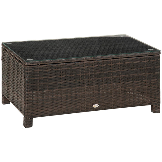 PE Rattan Coffee Table, Rectangular Outdoor Coffee Table with Tempered Glass Top, 70 KG Capacity for Garden, Balcony, Terrace, Patio, Mixed Brown