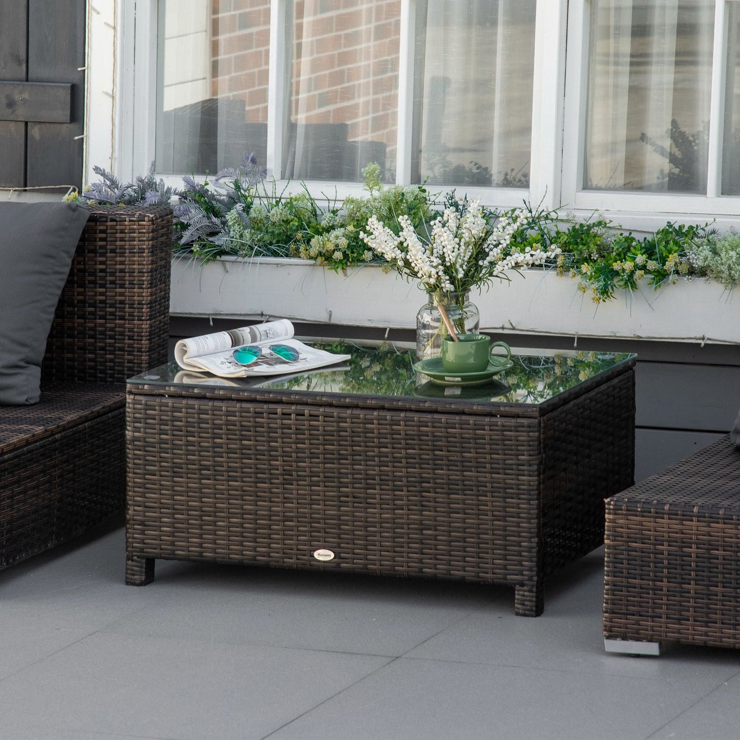 PE Rattan Coffee Table, Rectangular Outdoor Coffee Table with Tempered Glass Top, 70 KG Capacity for Garden, Balcony, Terrace, Patio, Mixed Brown