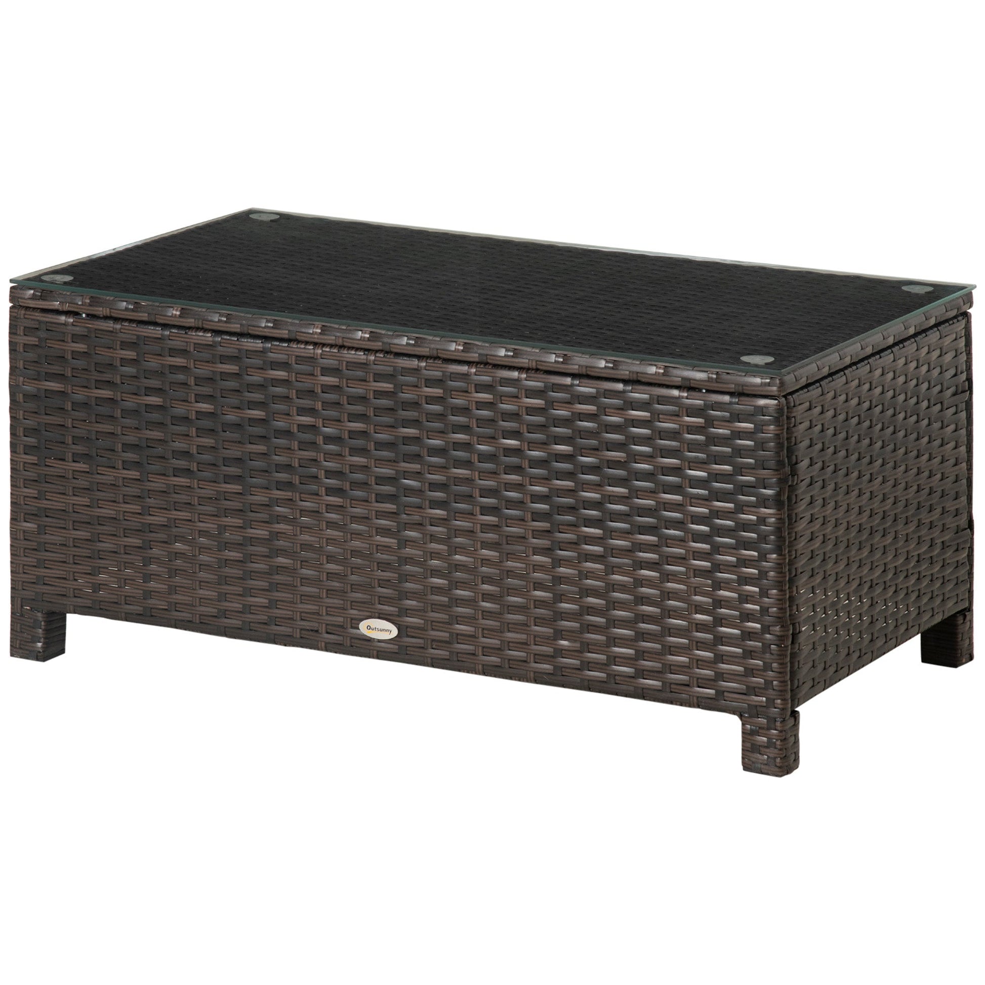 PE Rattan Coffee Table, Rectangular Outdoor Coffee Table with Tempered Glass Top, 70 KG Capacity for Garden, Balcony, Terrace, Patio, Mixed Brown