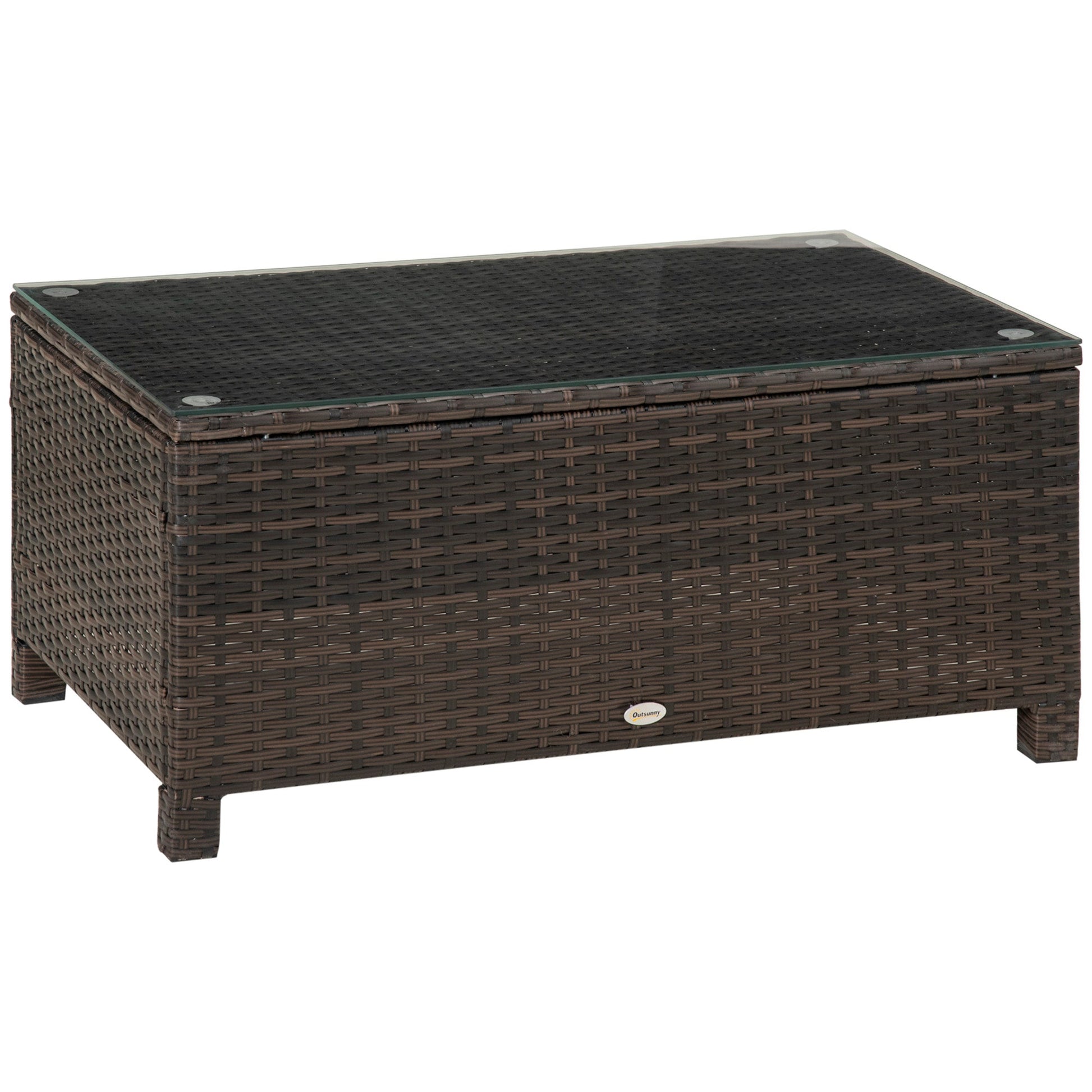 PE Rattan Coffee Table, Rectangular Outdoor Coffee Table with Tempered Glass Top, 70 KG Capacity for Garden, Balcony, Terrace, Patio, Mixed Brown