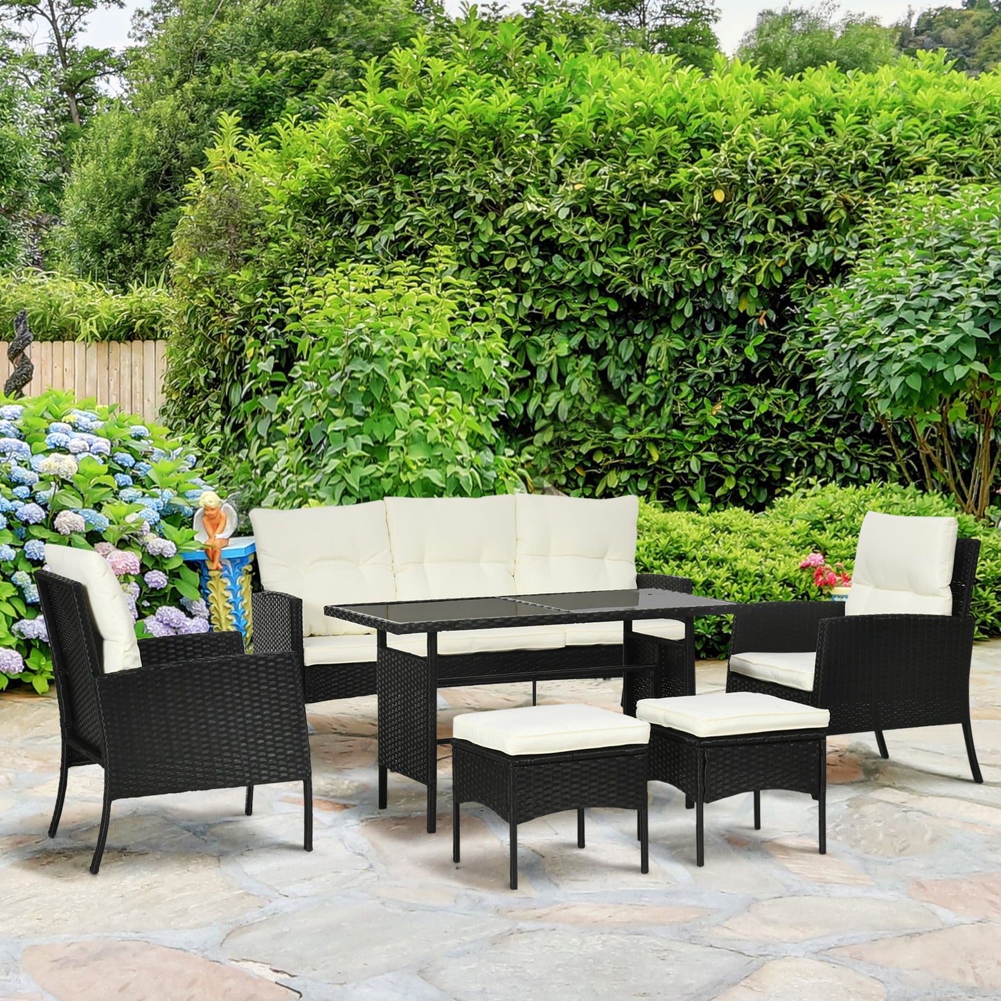 5 Seater Rattan Garden Furniture Set, 2 Armchairs, 3-Seater Wicker Sofa, 2 Footstools and Glass Table, 6 Piece Patio Rattan furniture Sofa Sets with Cushions for Conservatory, White
