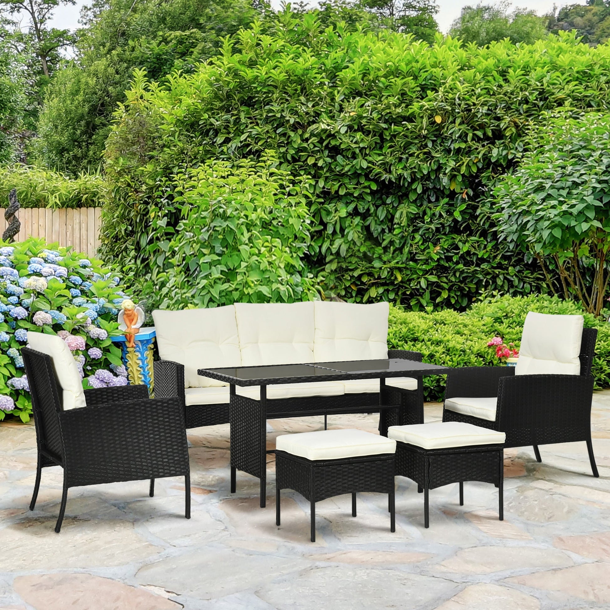 5 Seater Rattan Garden Furniture Set, 2 Armchairs, 3-Seater Wicker Sofa, 2 Footstools and Glass Table, 6 Piece Patio Rattan furniture Sofa Sets with Cushions for Conservatory, White
