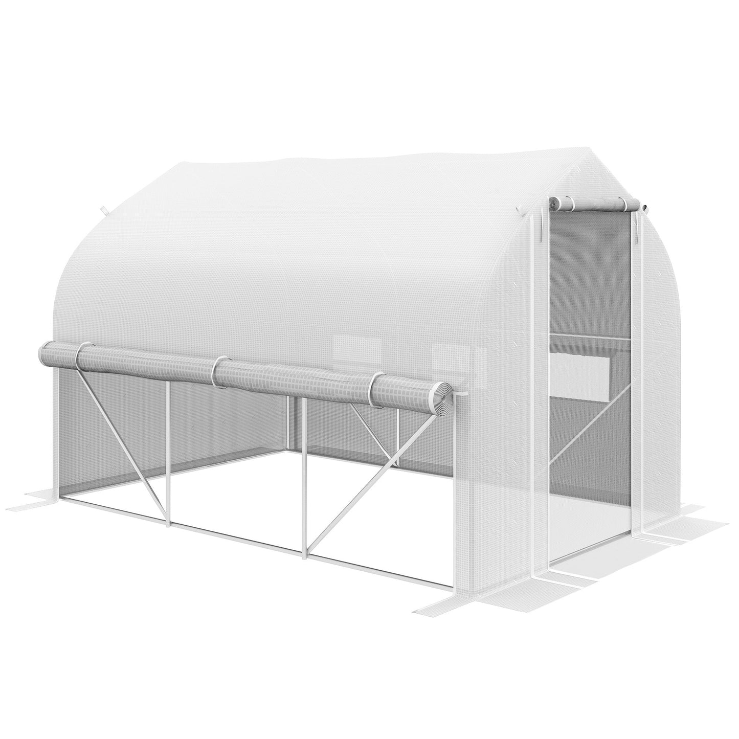 3 x 2(m) Walk-in Polytunnel Greenhouse, Zipped Roll Up Sidewalls, Mesh Door, 6 Mesh Windows, Tunnel Warm House Tent with PE Cover, Complimentary Plant Labels and Gloves, White