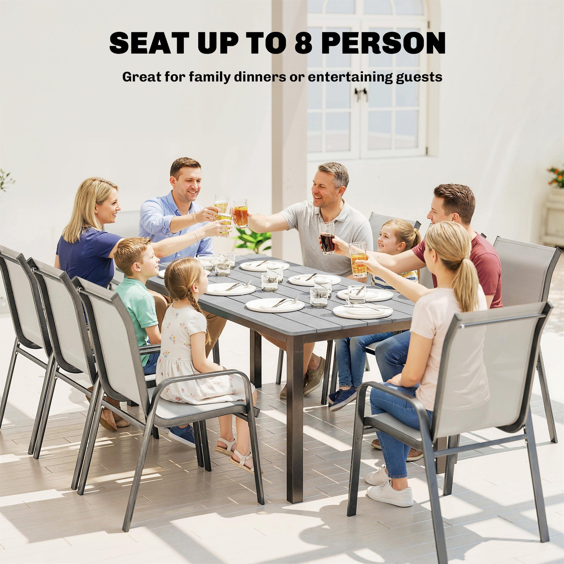 Garden Dining Table for 6-8 Person, 180 x 86 cm Rectangular Outdoor Dining Table with Wood Slatted Top and Steel Frame, All Weather Patio Furniture for Balcony, Porch, Grey