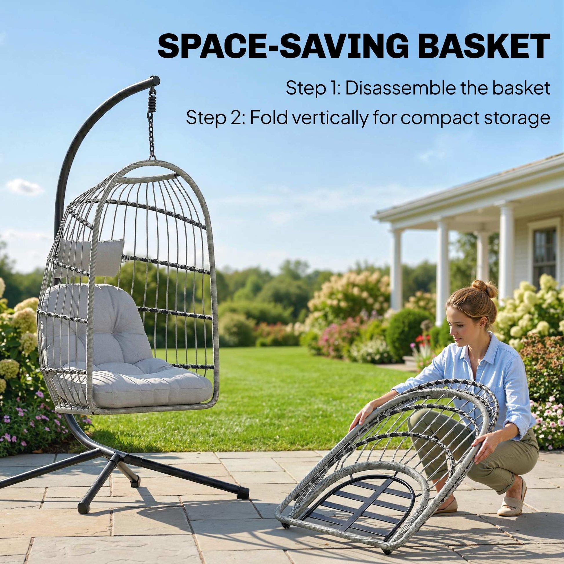Hanging Egg Chair, Indoor Outdoor Hammock Swing Chair with Stand, Safety Strap, Foldable Basket, Thick Cushions, Headrest, Adjustable Height, Metal Frame for Garden Balcony, Light Grey