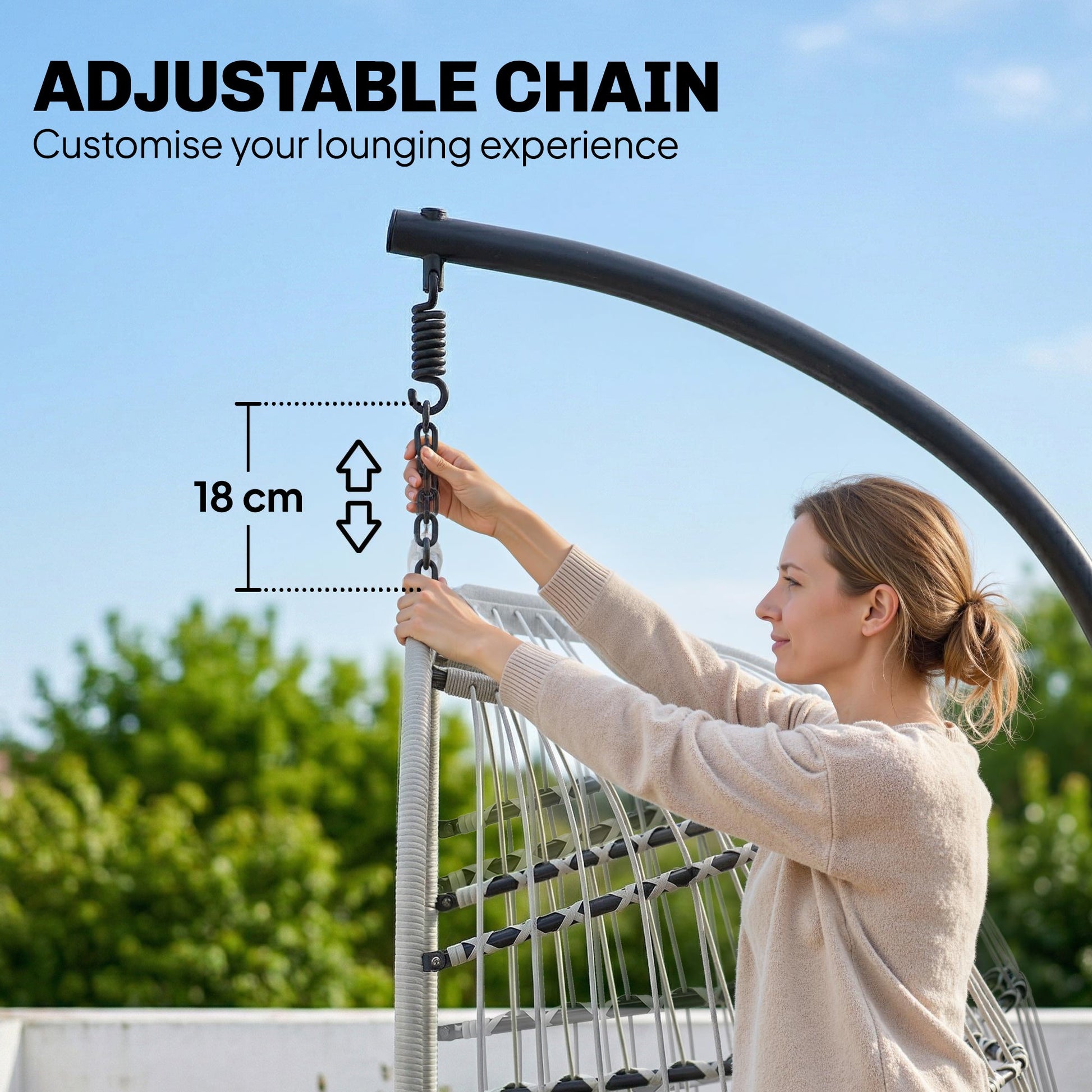 Hanging Egg Chair, Indoor Outdoor Hammock Swing Chair with Stand, Safety Strap, Foldable Basket, Thick Cushions, Headrest, Adjustable Height, Metal Frame for Garden Balcony, Light Grey