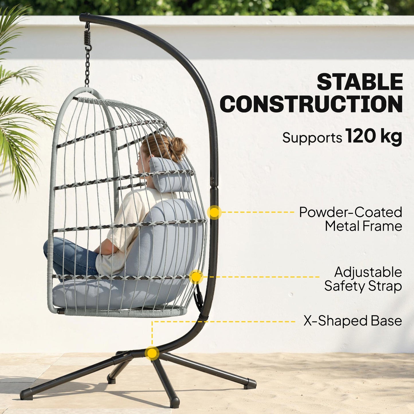 Hanging Egg Chair, Indoor Outdoor Hammock Swing Chair with Stand, Safety Strap, Foldable Basket, Thick Cushions, Headrest, Adjustable Height, Metal Frame for Garden Balcony, Light Grey