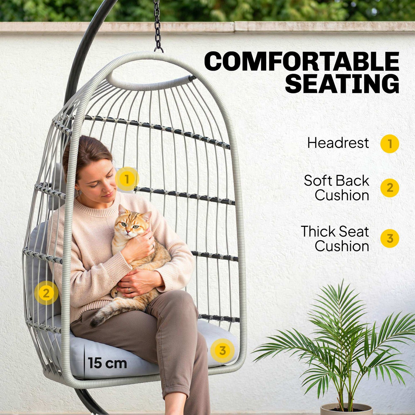 Hanging Egg Chair, Indoor Outdoor Hammock Swing Chair with Stand, Safety Strap, Foldable Basket, Thick Cushions, Headrest, Adjustable Height, Metal Frame for Garden Balcony, Light Grey