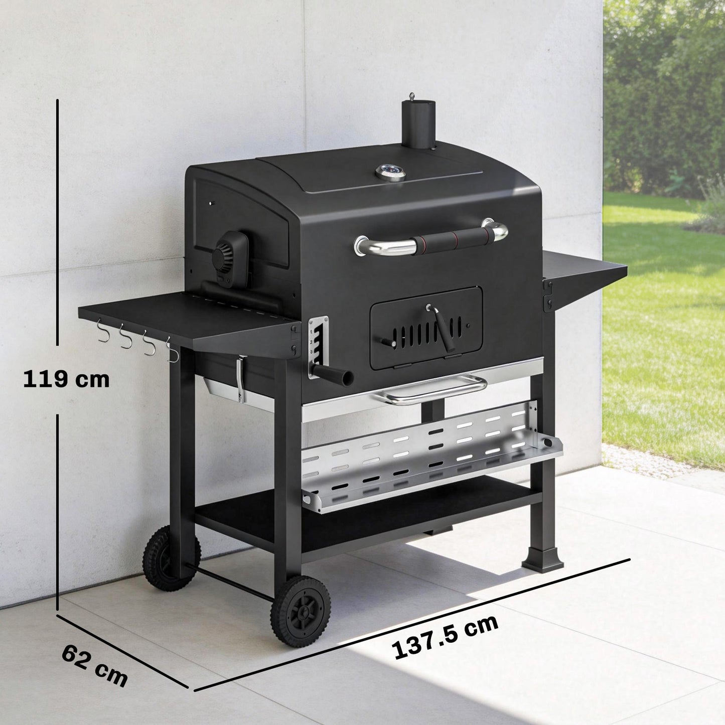 Charcoal BBQ Grill Smoker with Electric Rotisserie Kit, Portable Barbecue Grill with Warming Rack, Foldable Side Tables, Spice Rack, Hooks, Thermometer, Wheels for Outdoor Cooking, Black