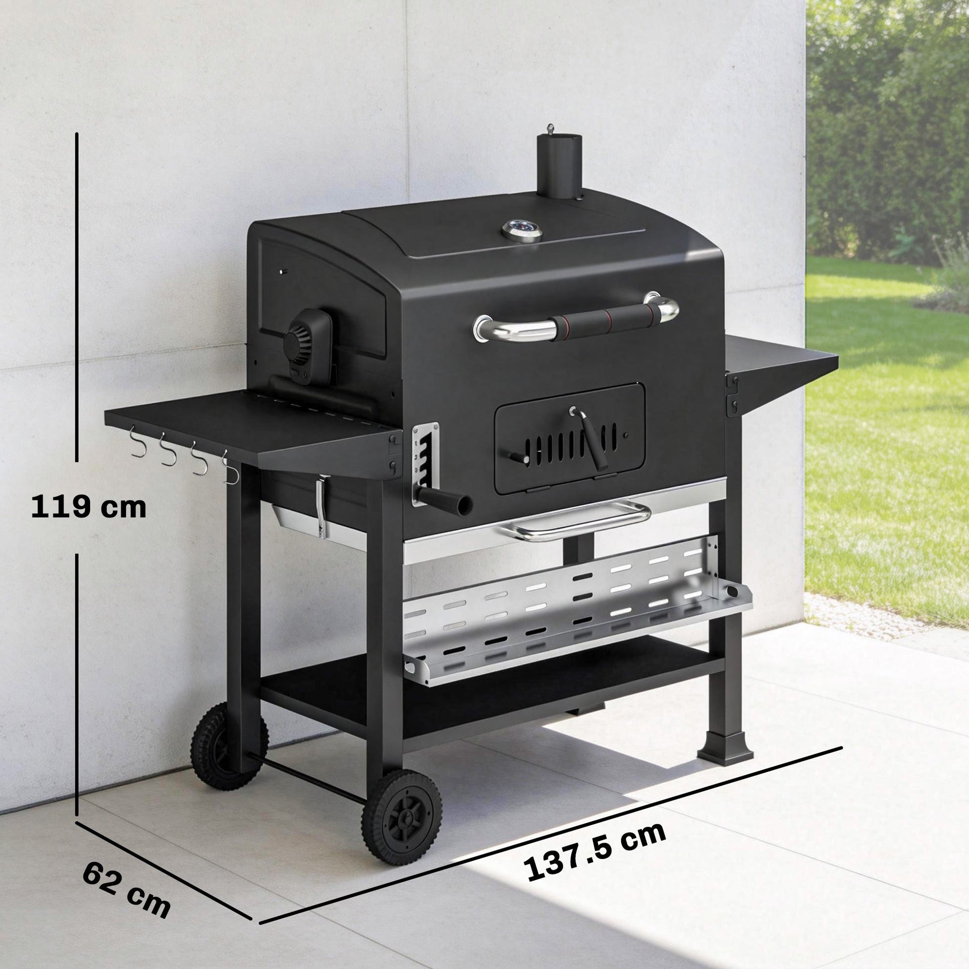 Charcoal BBQ Grill Smoker with Electric Rotisserie Kit, Portable Barbecue Grill with Warming Rack, Foldable Side Tables, Spice Rack, Hooks, Thermometer, Wheels for Outdoor Cooking, Black