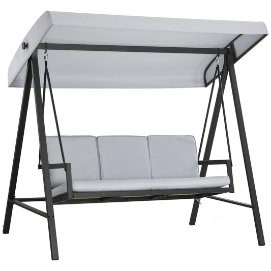 3 Seater Garden Swing Chair, Outdoor Hammock Bench with Adjustable Canopy, Removable Cushions and Steel Frame, Grey