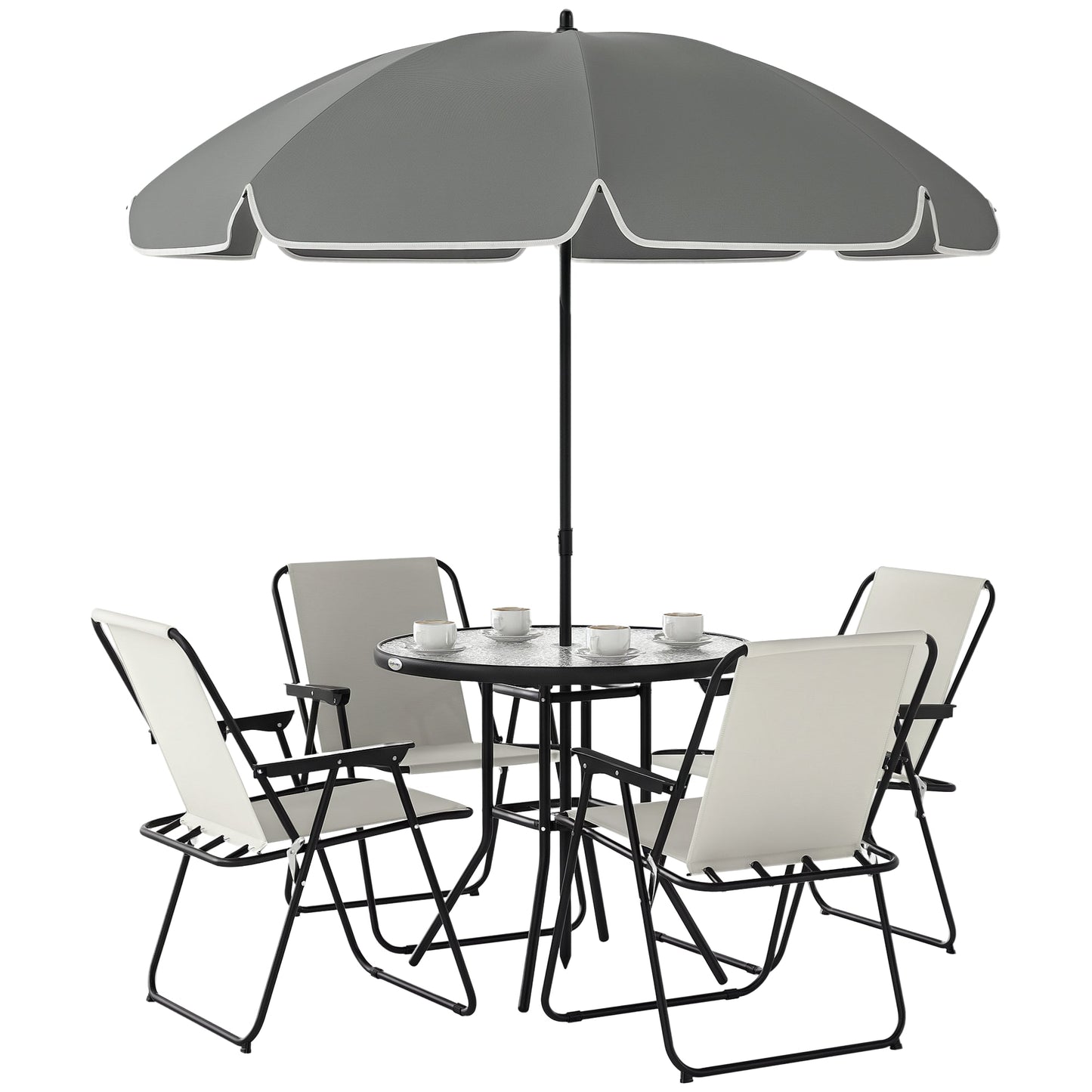 4 Seater Garden Furniture Set, 6 Pieces Garden Table and Chairs with Parasol, Outdoor Garden Dining Set with Folding Chairs and Round Glass Top Table for Patio, Cream White