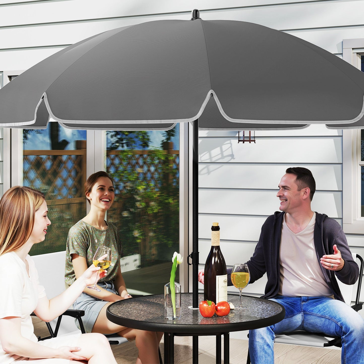 4 Seater Garden Furniture Set, 6 Pieces Garden Table and Chairs with Parasol, Outdoor Garden Dining Set with Folding Chairs and Round Glass Top Table for Patio, Cream White