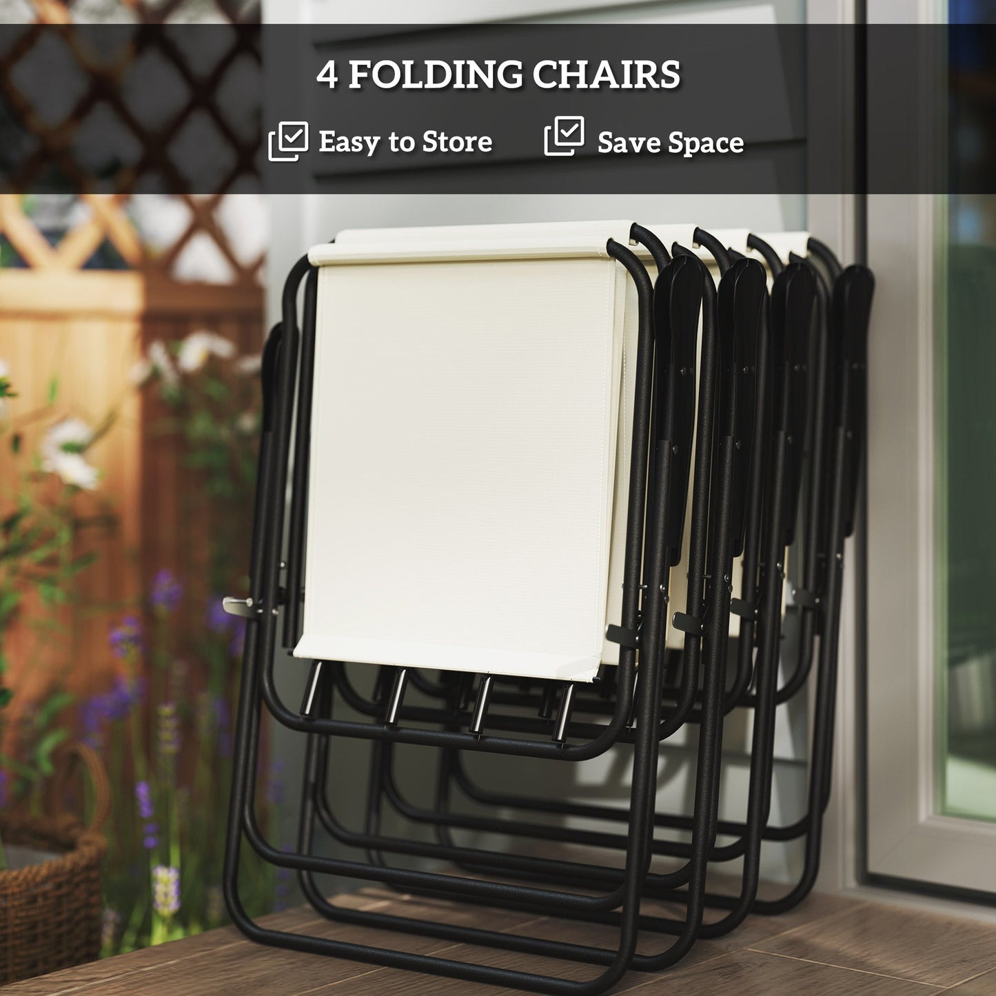4 Seater Garden Furniture Set, 6 Pieces Garden Table and Chairs with Parasol, Outdoor Garden Dining Set with Folding Chairs and Round Glass Top Table for Patio, Cream White