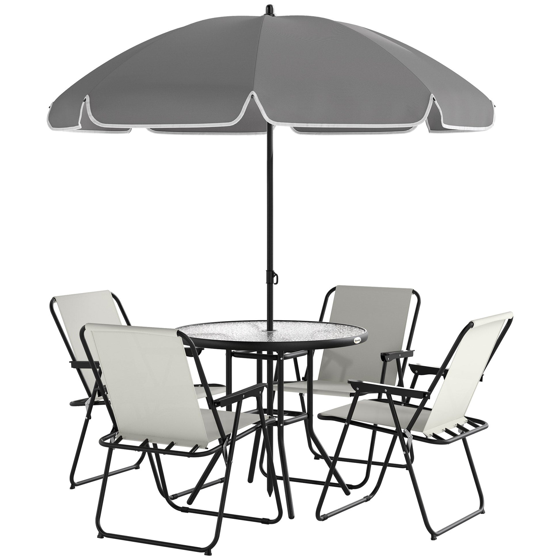 4 Seater Garden Furniture Set, 6 Pieces Garden Table and Chairs with Parasol, Outdoor Garden Dining Set with Folding Chairs and Round Glass Top Table for Patio, Cream White