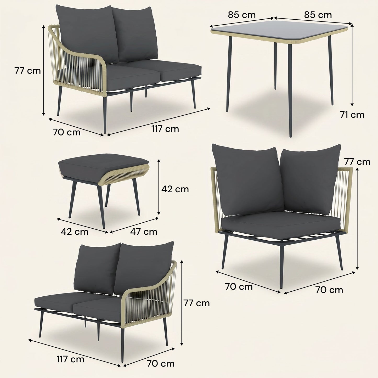 ARVOYA 6 Pieces Garden Corner Rattan Sofa Set w/ Thickened Cushions and Glass Top Table, Light Grey