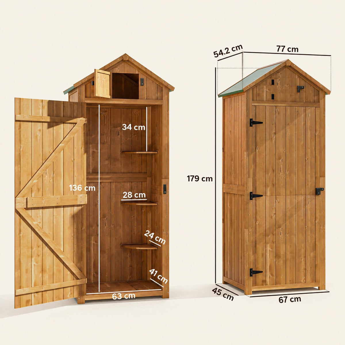 ROWAN Wooden Storage Cabinet w/ Shelves, Tilt Roof & Lockable Double Doors, Brown