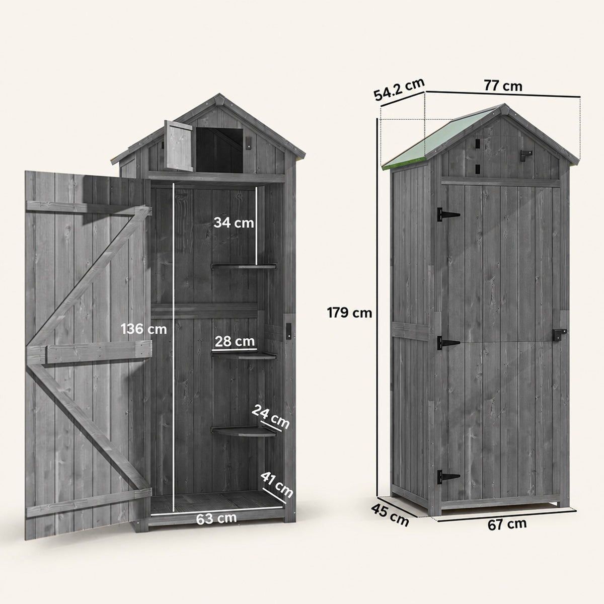 ROWAN Wooden Storage Cabinet w/ Shelves, Tilt Roof & Lockable Double Doors, Grey
