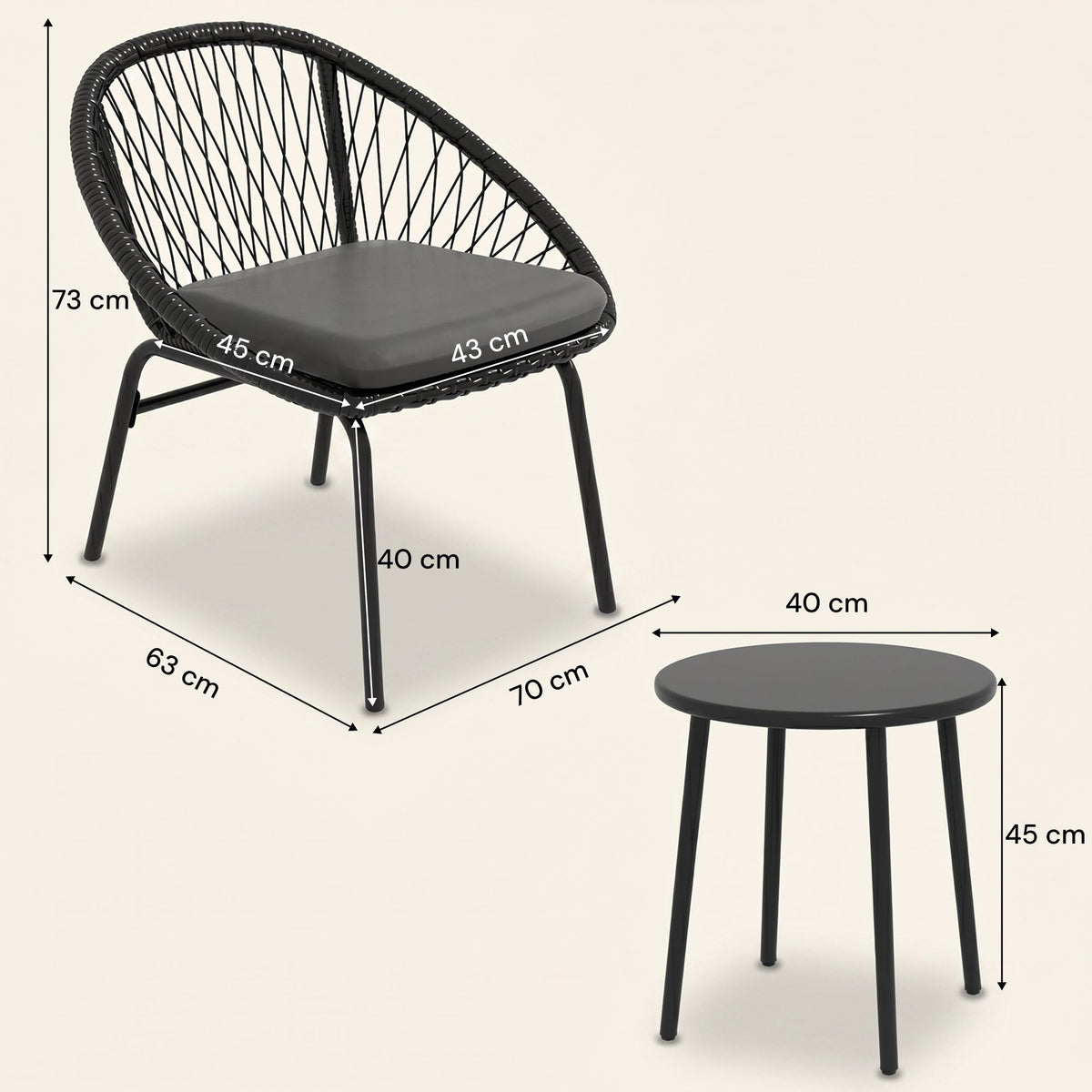 ARVOYA 3 Pieces Garden Rattan Bistro Set with Chairs, Round Coffee Table & Cushions, Black