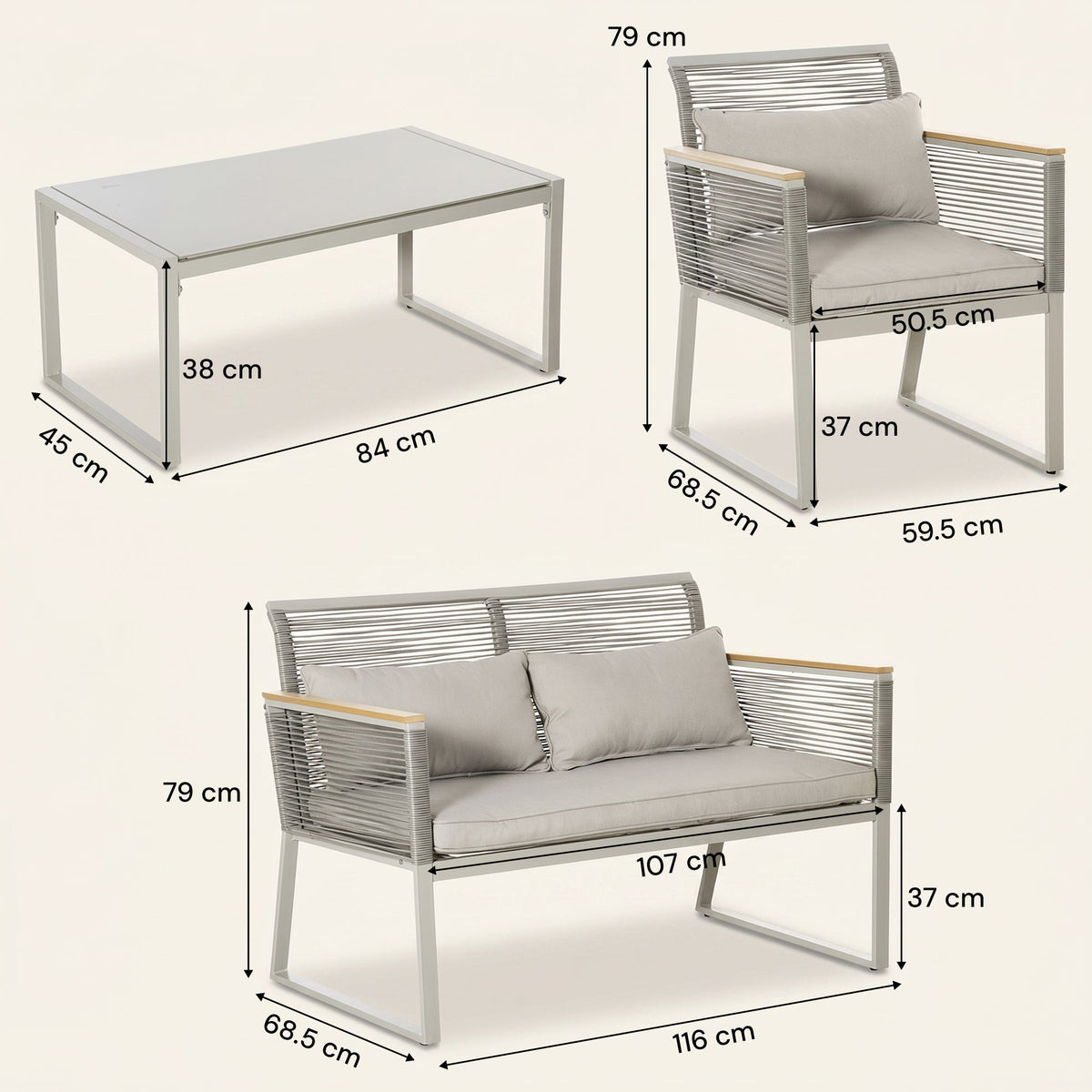 ARVOYA 4 Piece Rattan Garden Furniture Set with Cushions & Glass Top Table, Grey
