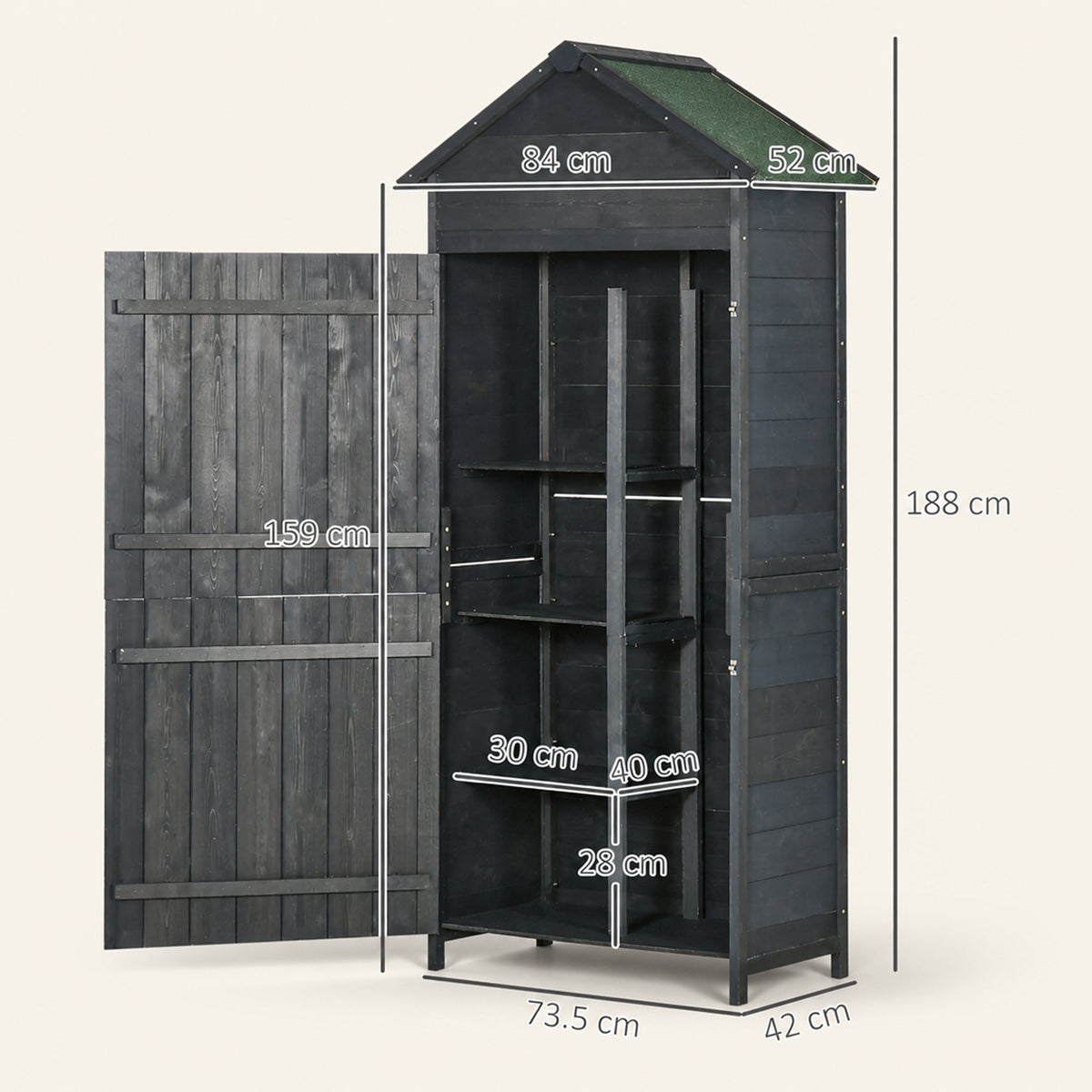 ROWAN Wooden Storage Shed with Lockable Double Doors & Shelves, Grey