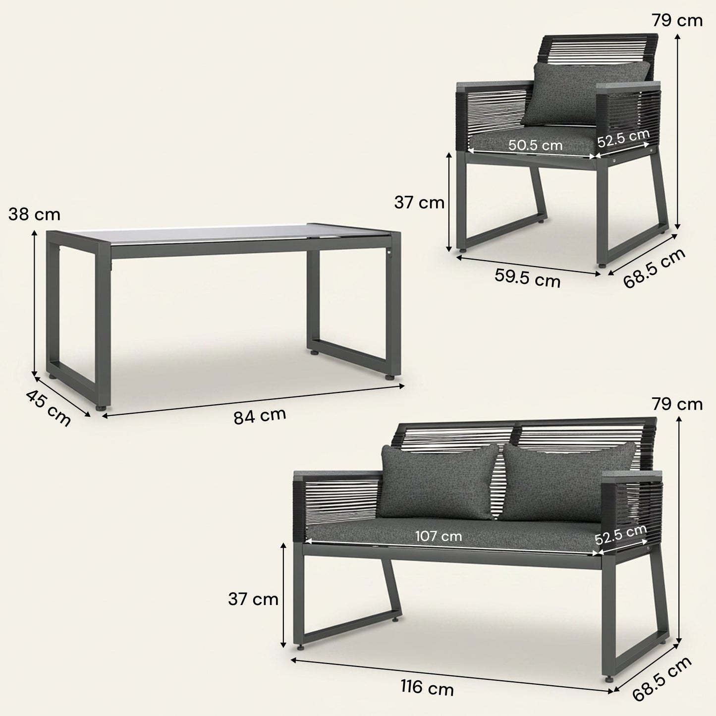 ARVOYA 4 Piece Rattan Garden Furniture Set with Cushions & Glass Top Table, Charcoal Grey