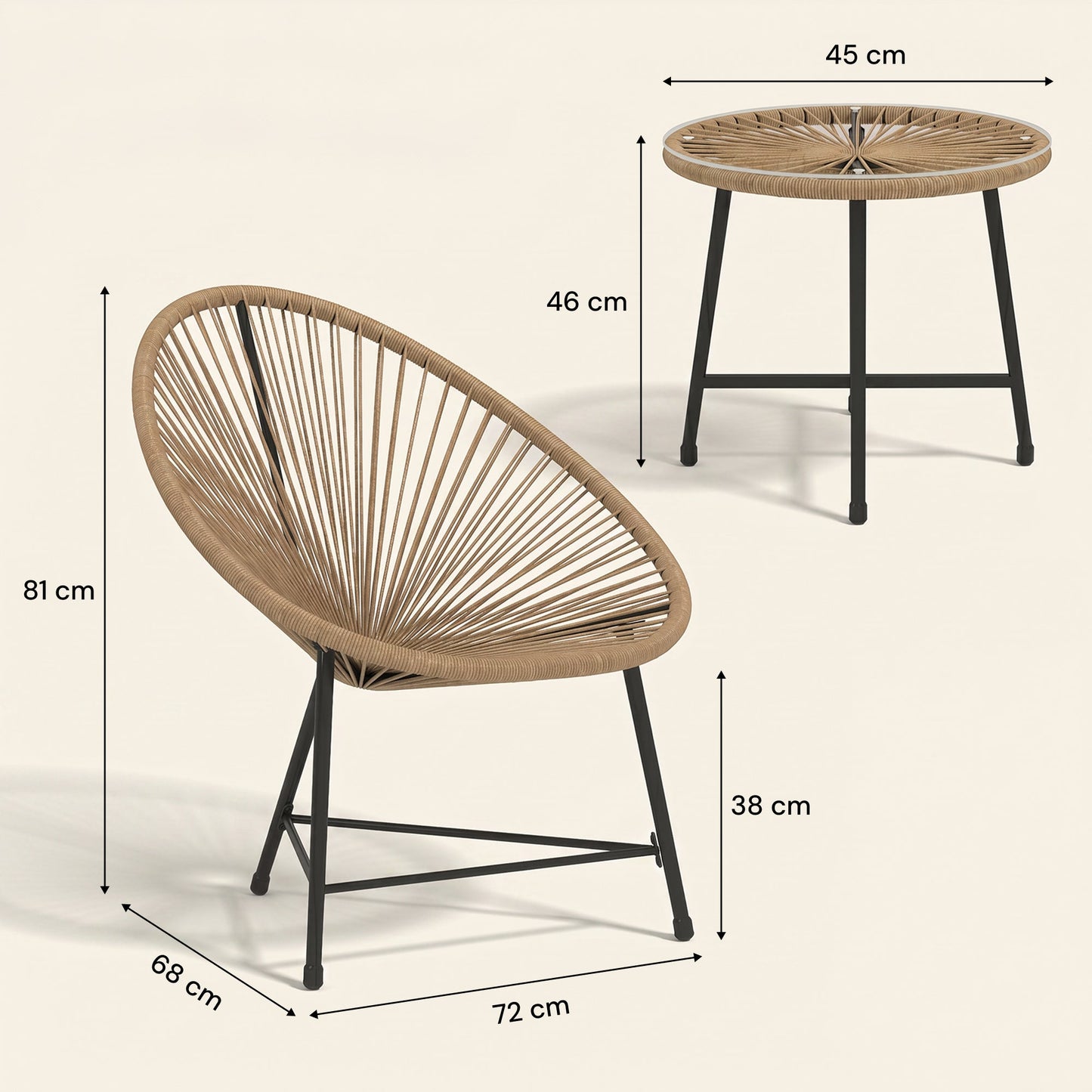 ARVOYA 3 Pieces Rattan Bistro Set with Acapulco Chairs, Glass Top Table & Metal Frame, Natural