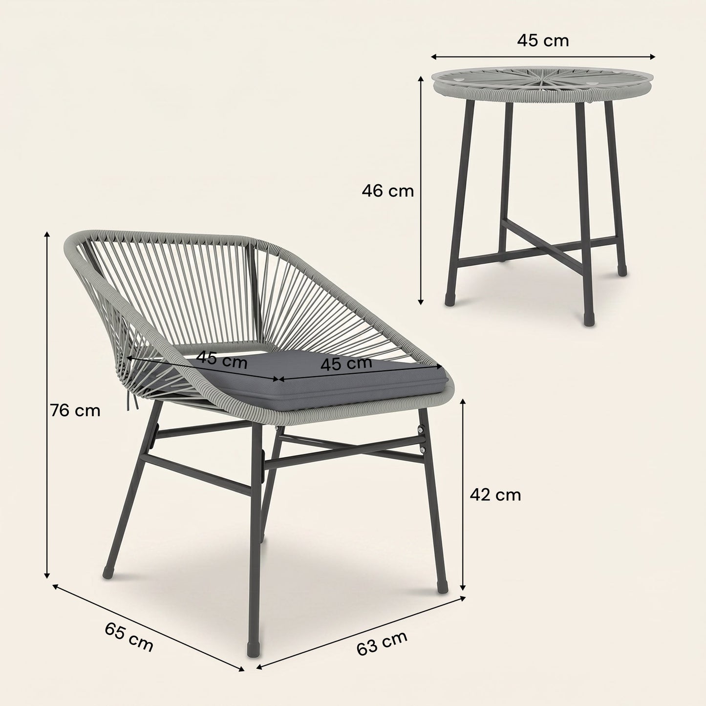 ARVOYA 3 Pieces Garden Rattan Bistro Set with Chairs, Glass Top Table & Cushions, Light Grey