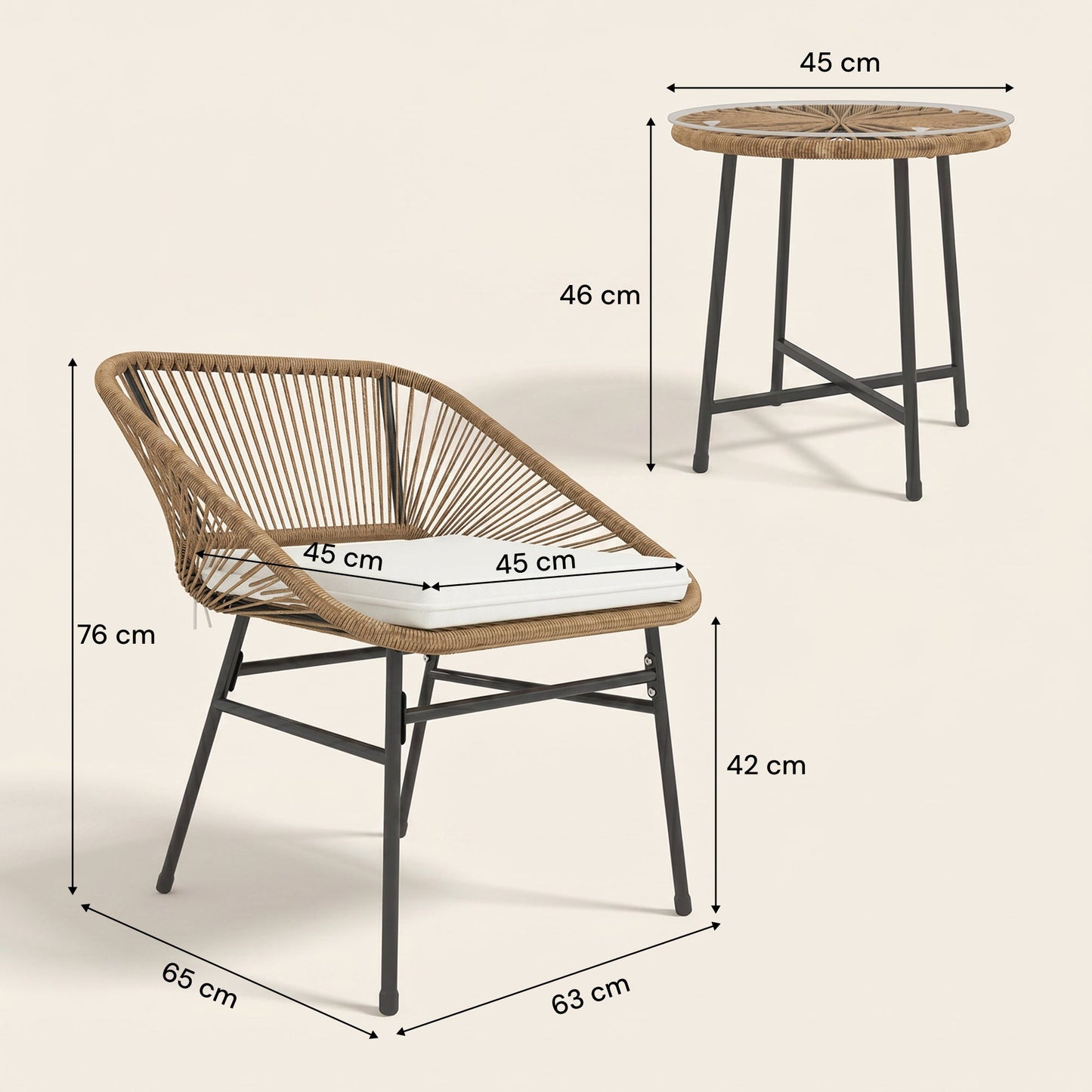 ARVOYA 3 Pieces Garden Rattan Bistro Set with Chairs, Glass Top Table & Cushions, Natural