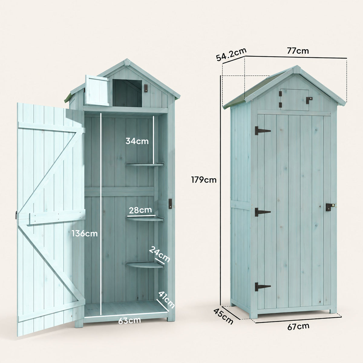 ROWAN Wooden Storage Cabinet w/ Shelves, Tilt Roof & Lockable Double Doors, Blue