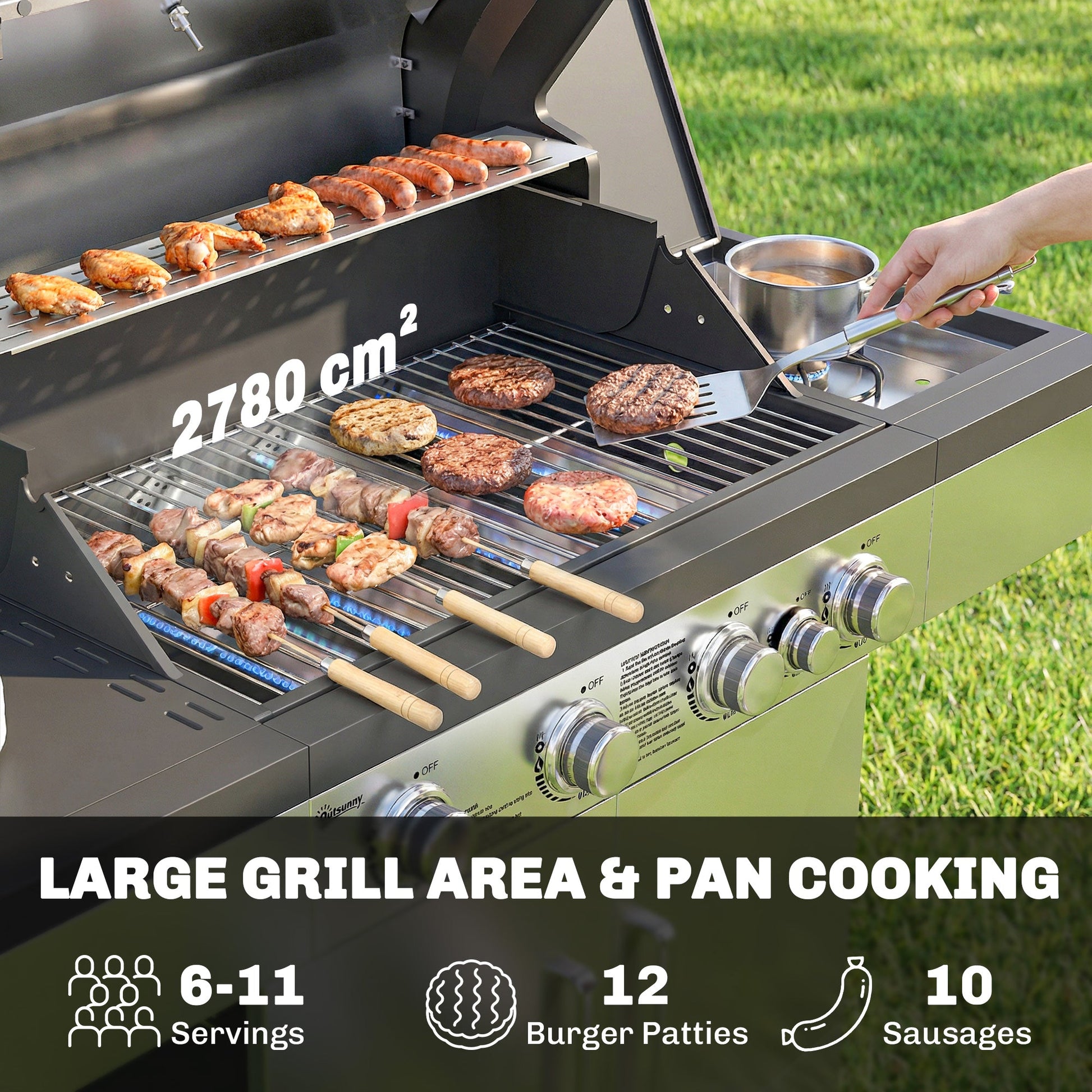 4+1 Burner Gas BBQ Grill, Portable Gas Barbecue Grill with Side Burner, Warming Rack, Side Shelf, Storage Cabinet, Thermometer, 4 Wheels, Tank Holder for Garden Party Outdoor Cooking