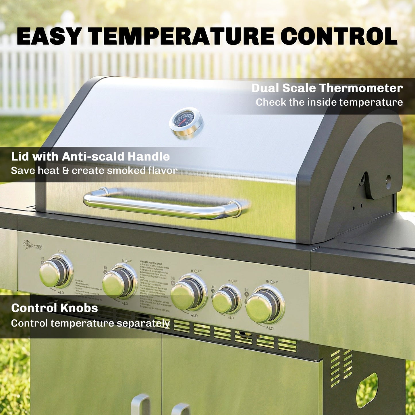4+1 Burner Gas BBQ Grill, Portable Gas Barbecue Grill with Side Burner, Warming Rack, Side Shelf, Storage Cabinet, Thermometer, 4 Wheels, Tank Holder for Garden Party Outdoor Cooking