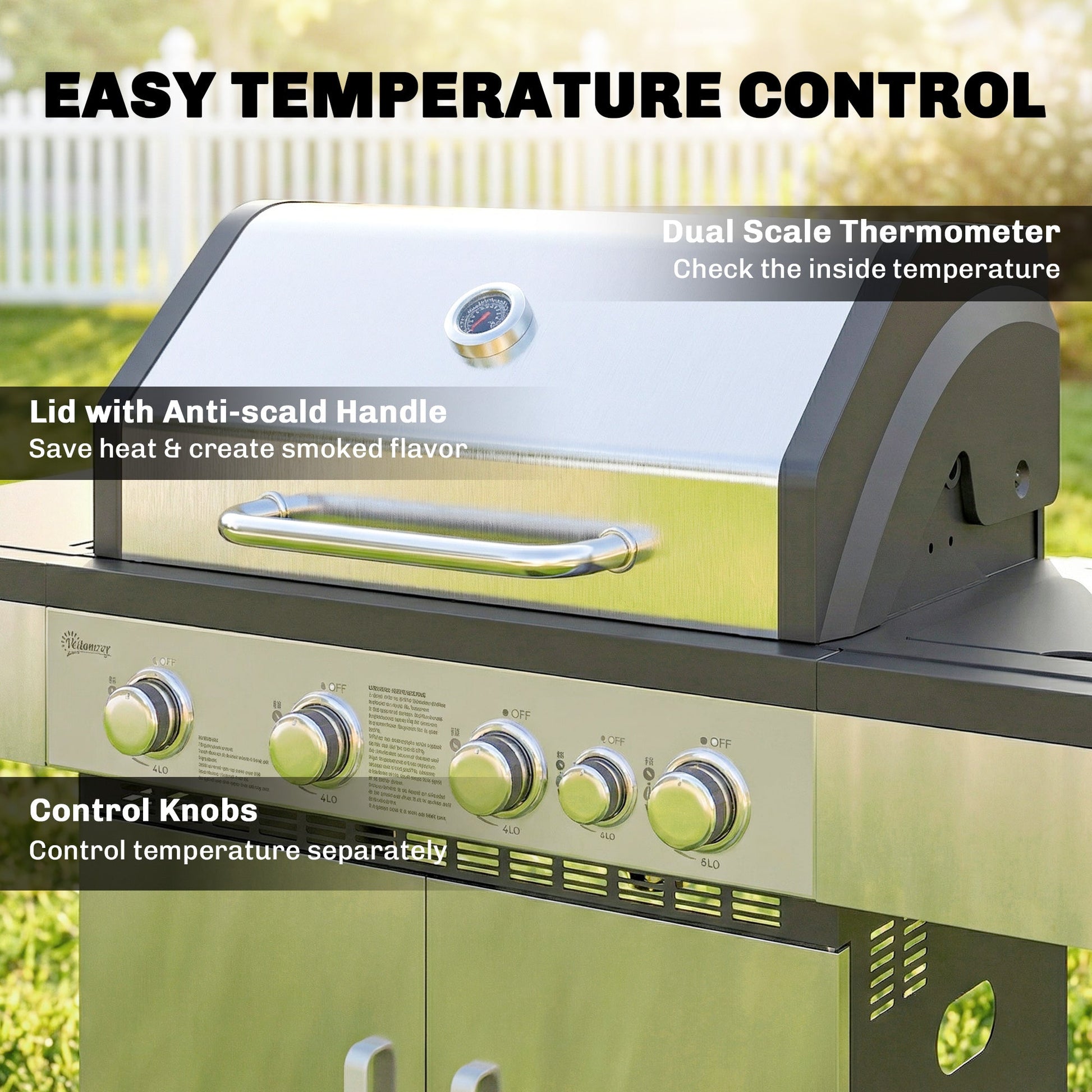 4+1 Burner Gas BBQ Grill, Portable Gas Barbecue Grill with Side Burner, Warming Rack, Side Shelf, Storage Cabinet, Thermometer, 4 Wheels, Tank Holder for Garden Party Outdoor Cooking