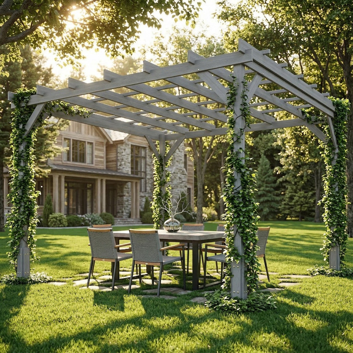 3 x 3 m Wooden Pergola Kit, Decorative Garden Gazebo Shelter with Stable Structure for Climbing Vines, Flowers, Grey