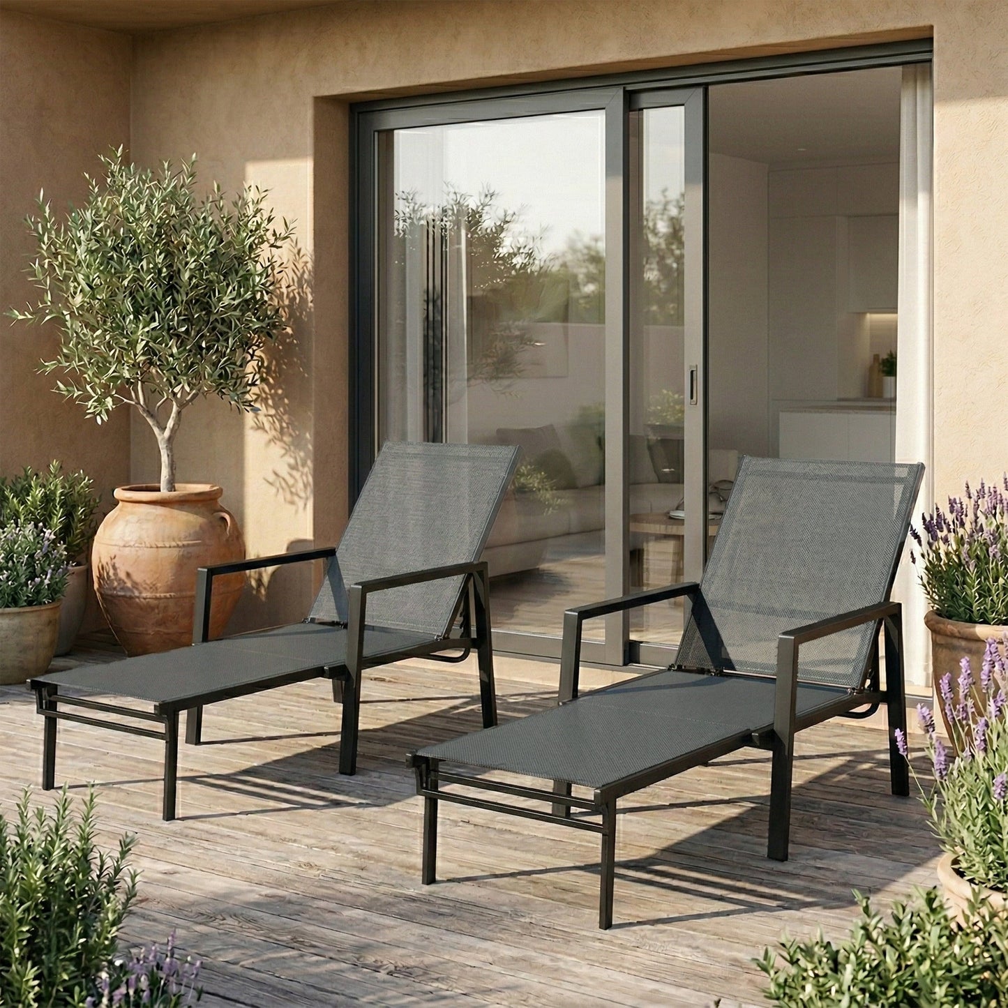 Sun Loungers Set of 2 with Retractable Footrest, 5-Position Adjustable Reclining Garden Lounger, Garden Chaise Lounge Sunbed Recliner Chair w/ Steel Frame for Beach, Porch, Patio, Dark Grey