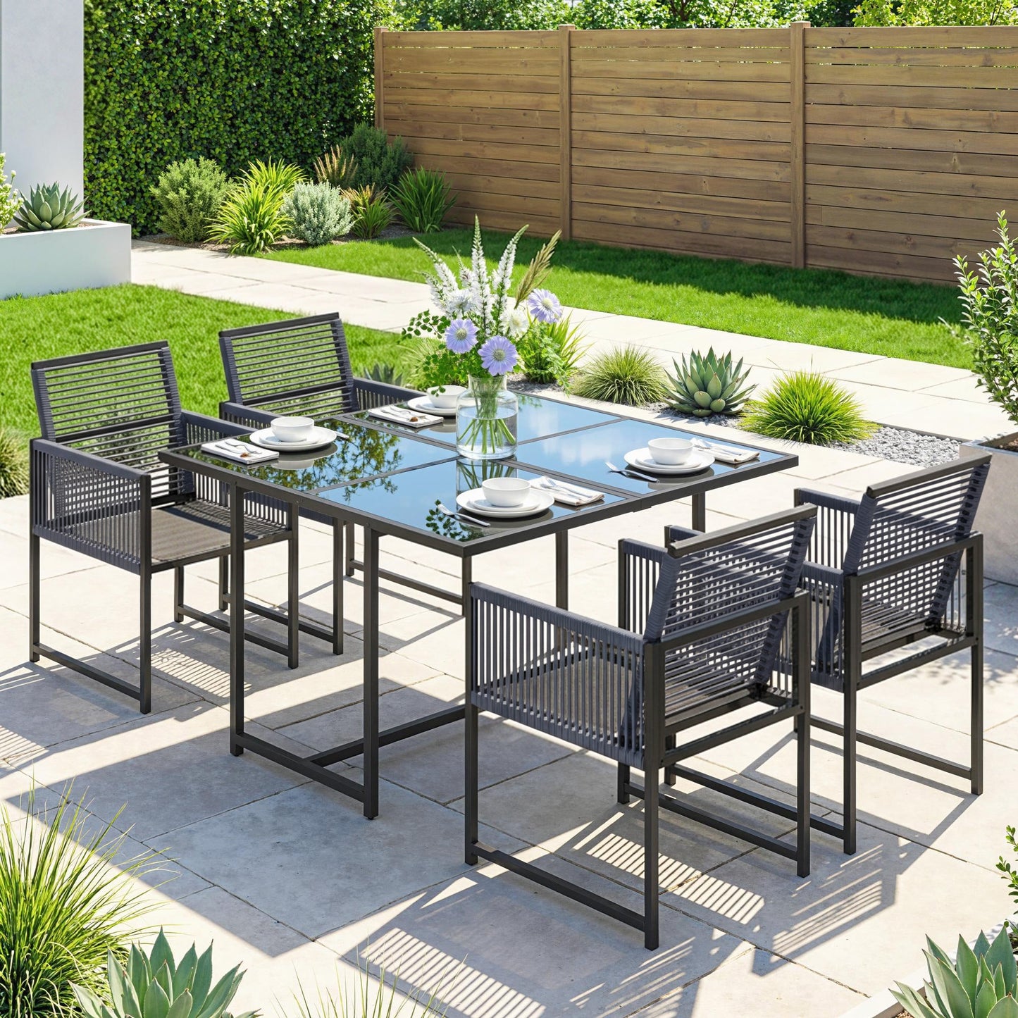 5 Pieces Garden Dining Set, Outdoor Patio Cube Set, 4 Seater Outdoor Table and Chairs with Foldable Backrest, Tempered Glass Top, Space-Saving, Dark Grey