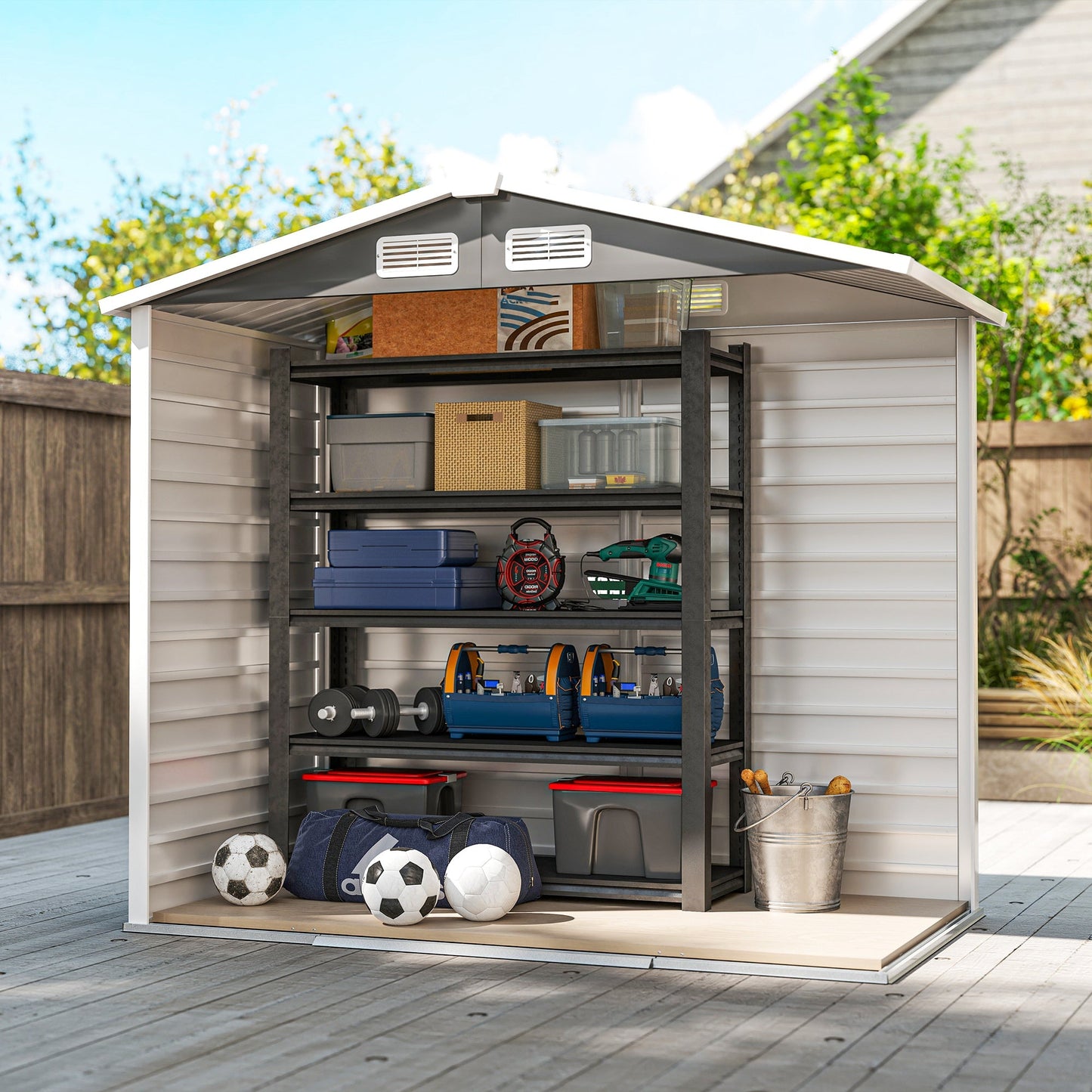 7 x 4ft Garden Shed, Easy to Assemble, Upgraded Galvanised Steel Frame with Foundation Kit, Double Doors with Lock, Outdoor Metal Shed with Vents and Gloves, Garden Storage Shed, Dark Grey